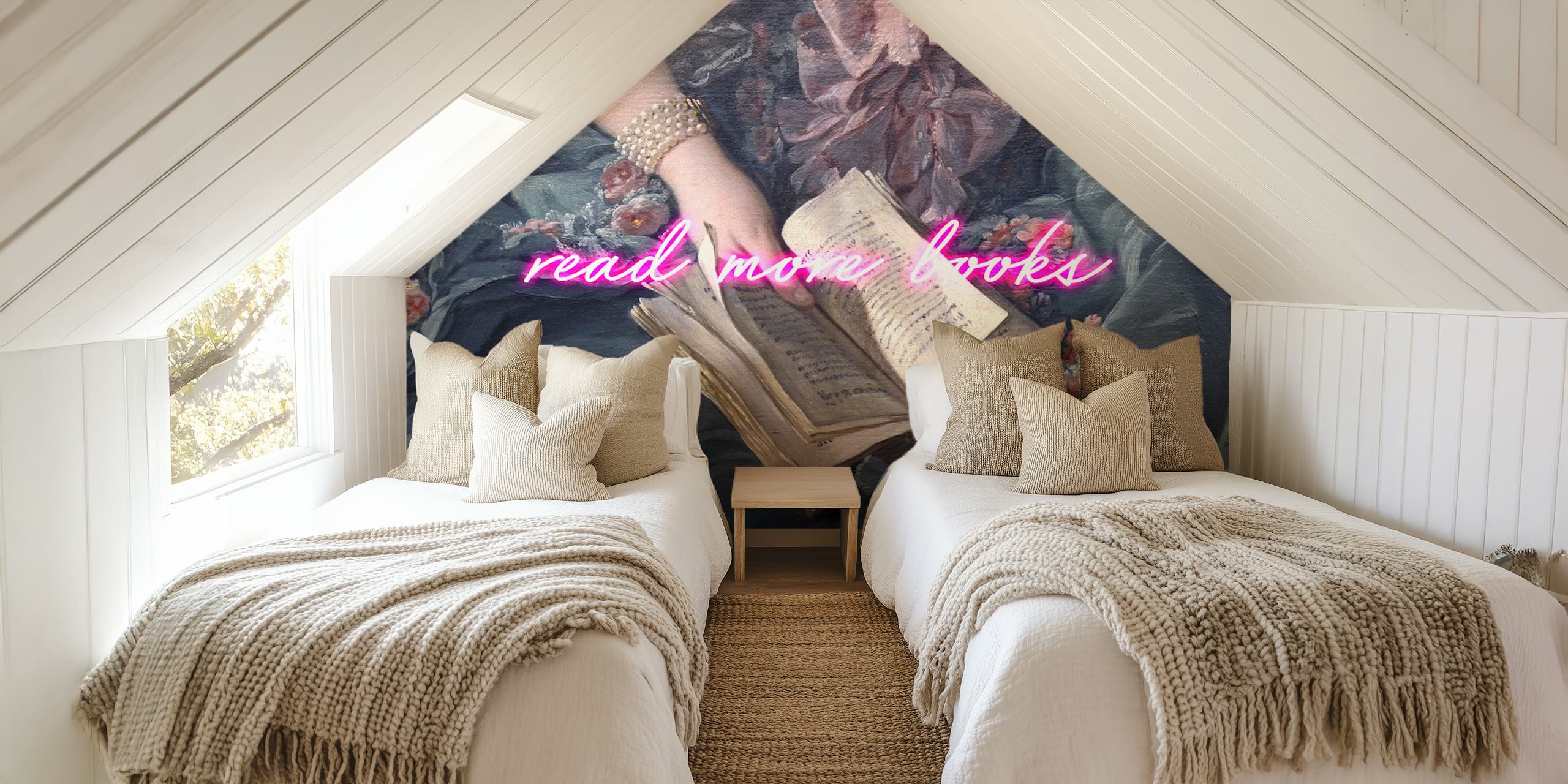 Wall mural with read more books in neon on a vintage reading scene