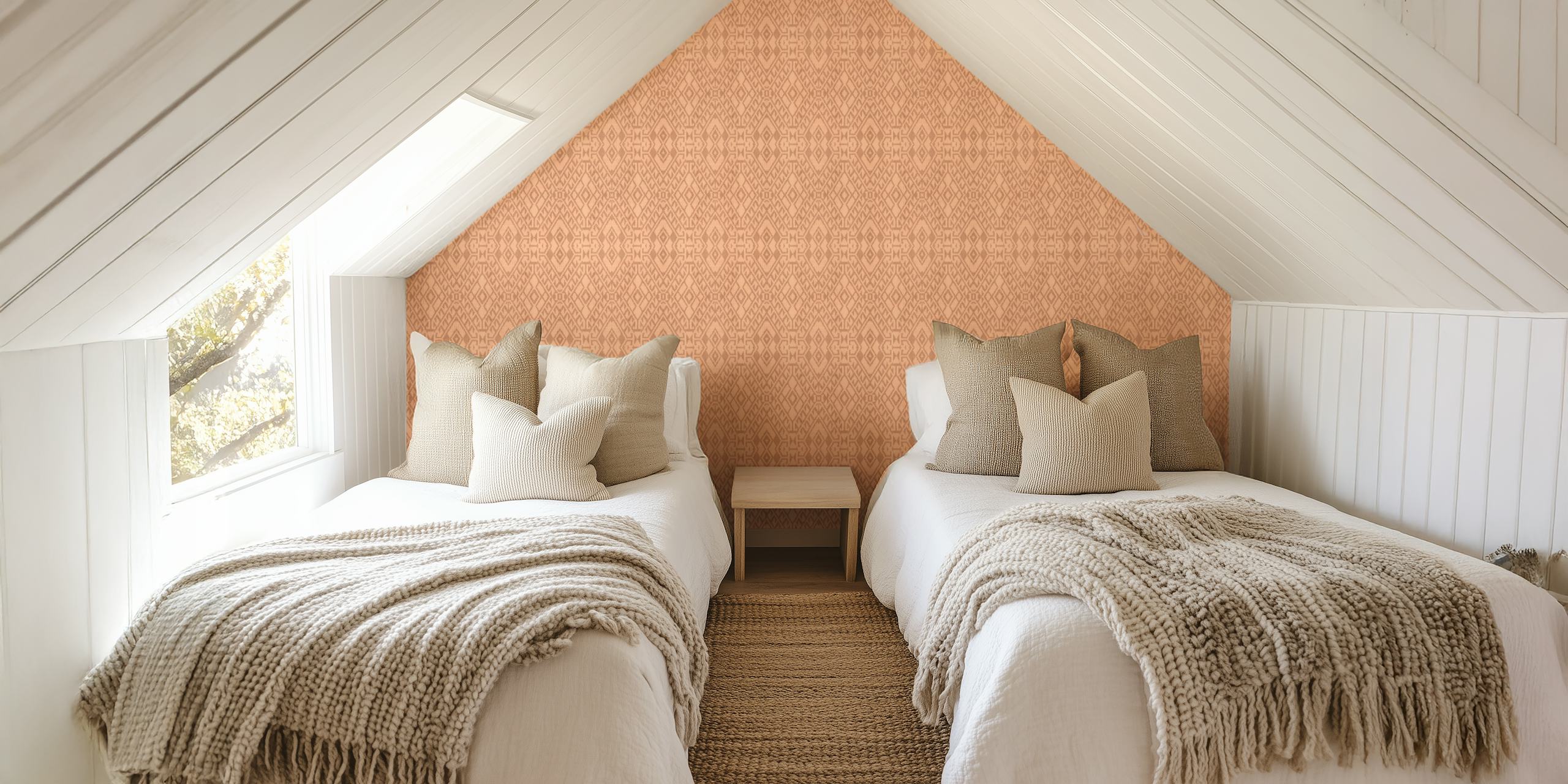 Carta da parati Boho Ikat Geo Peach con un caldo motivo geometrico nei toni della pesca