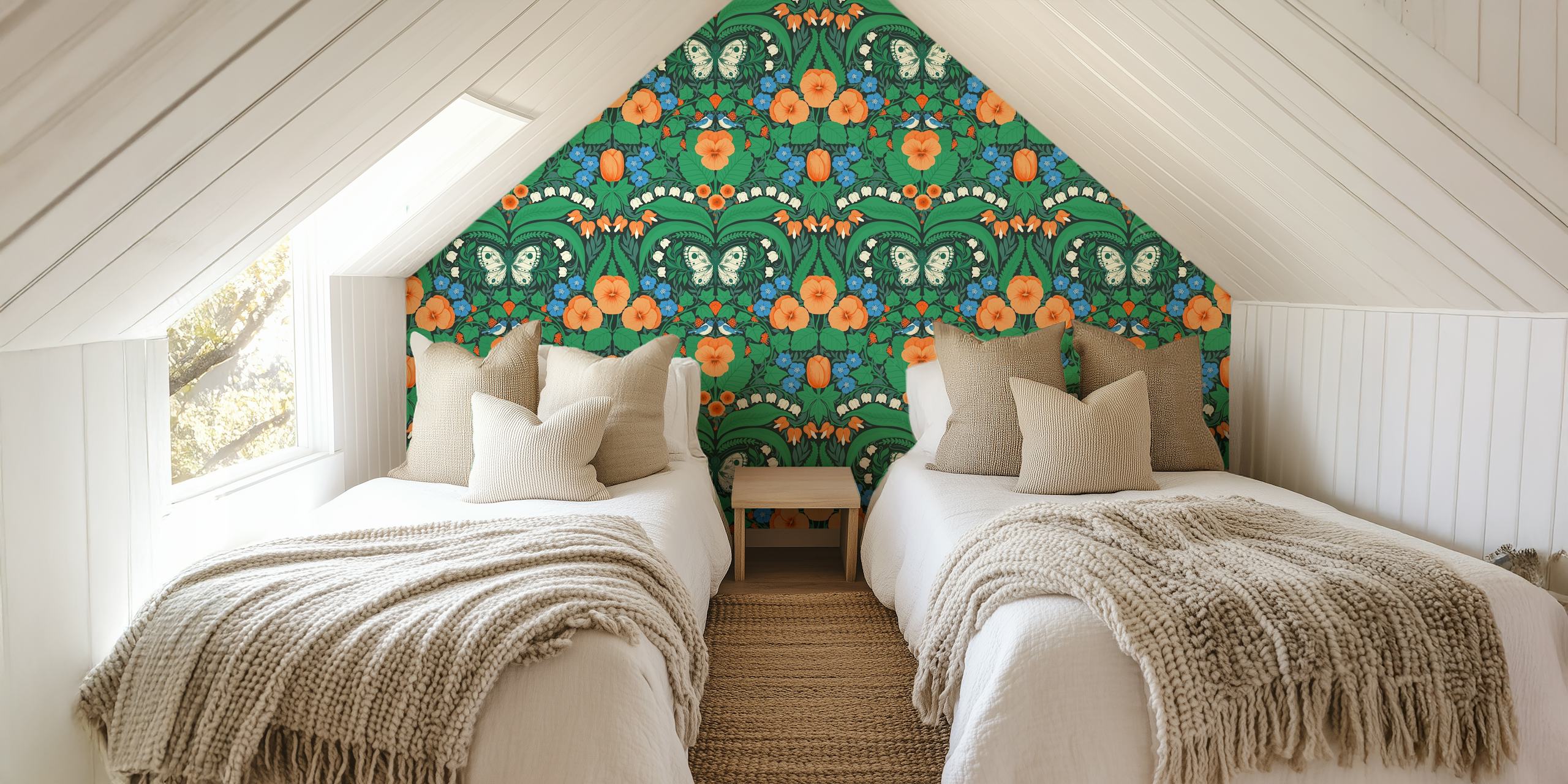 Floral pattern with butterflies in green, orange, and blue wallpaper
