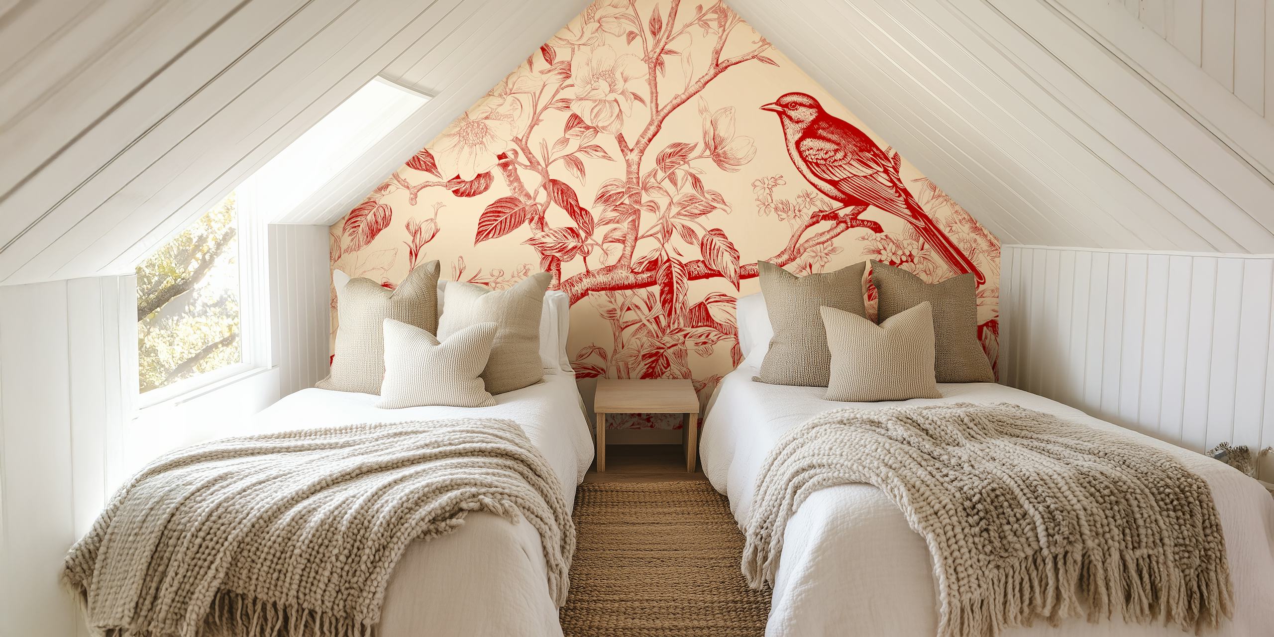 Red bird perched on floral branches with a soft background wallpaper