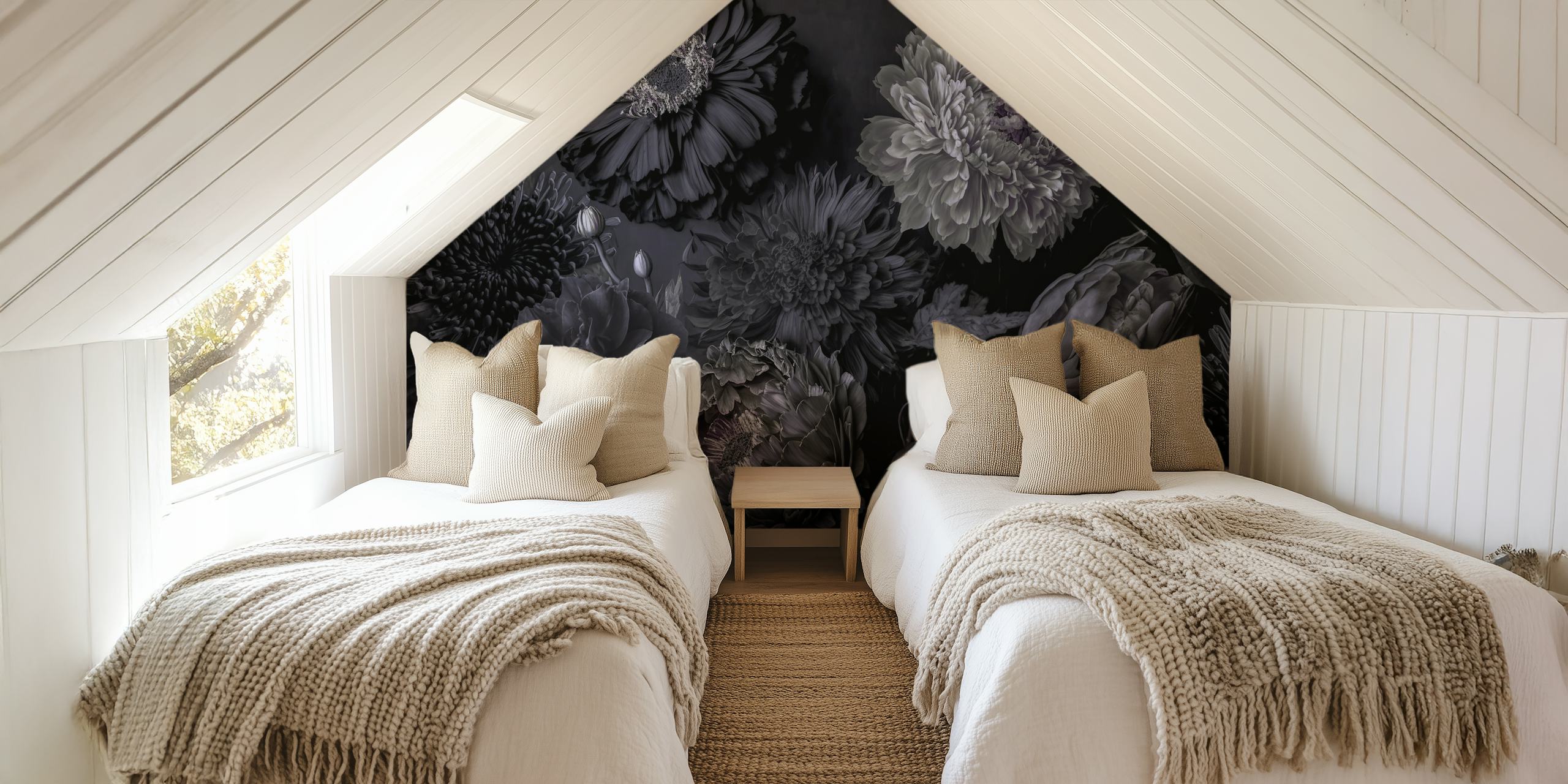 Dark grey floral wallpaper with moody flowers in black and white tones