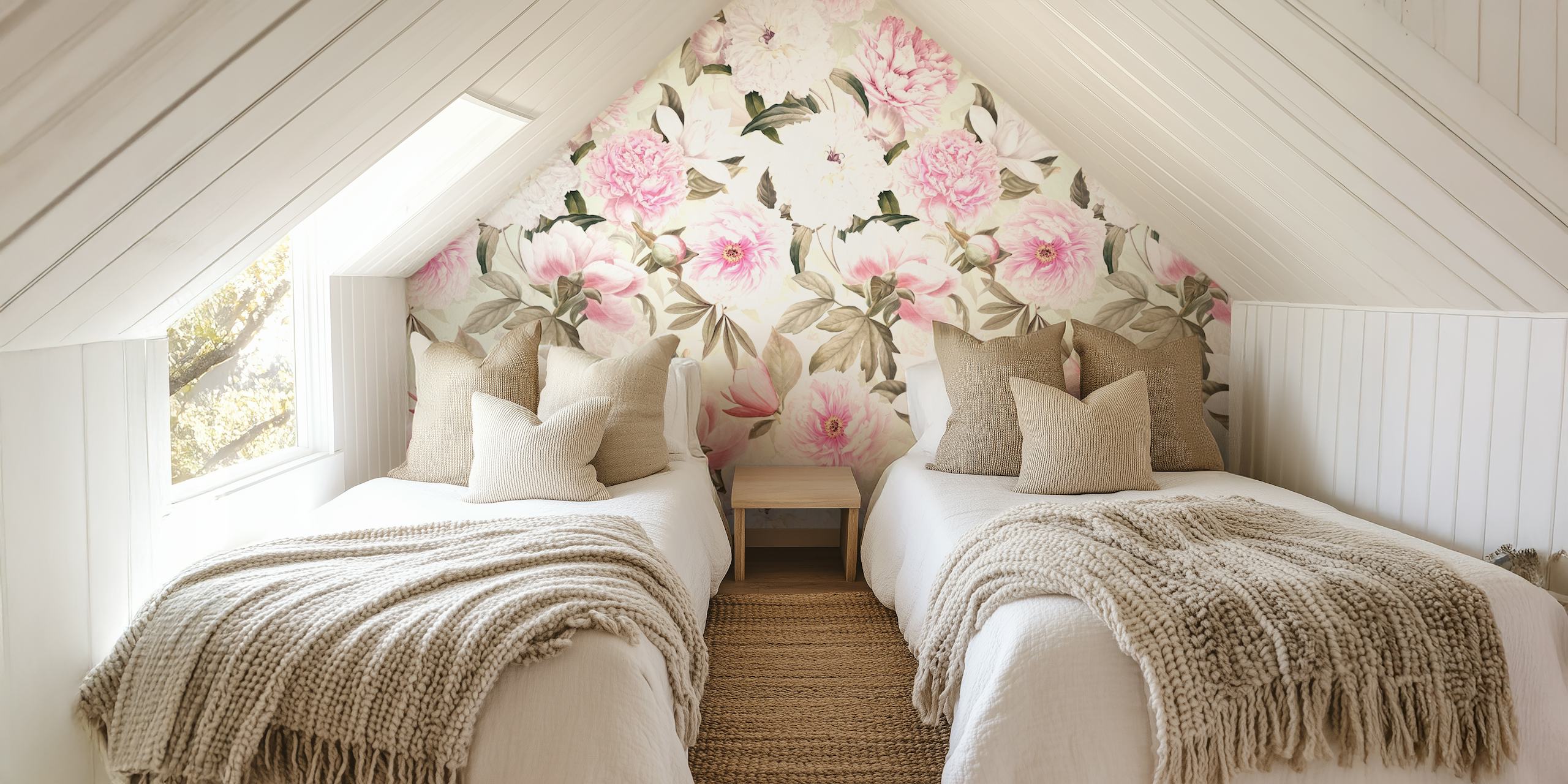 Peony Paradise Pink Blumen Tapete in einem Raum