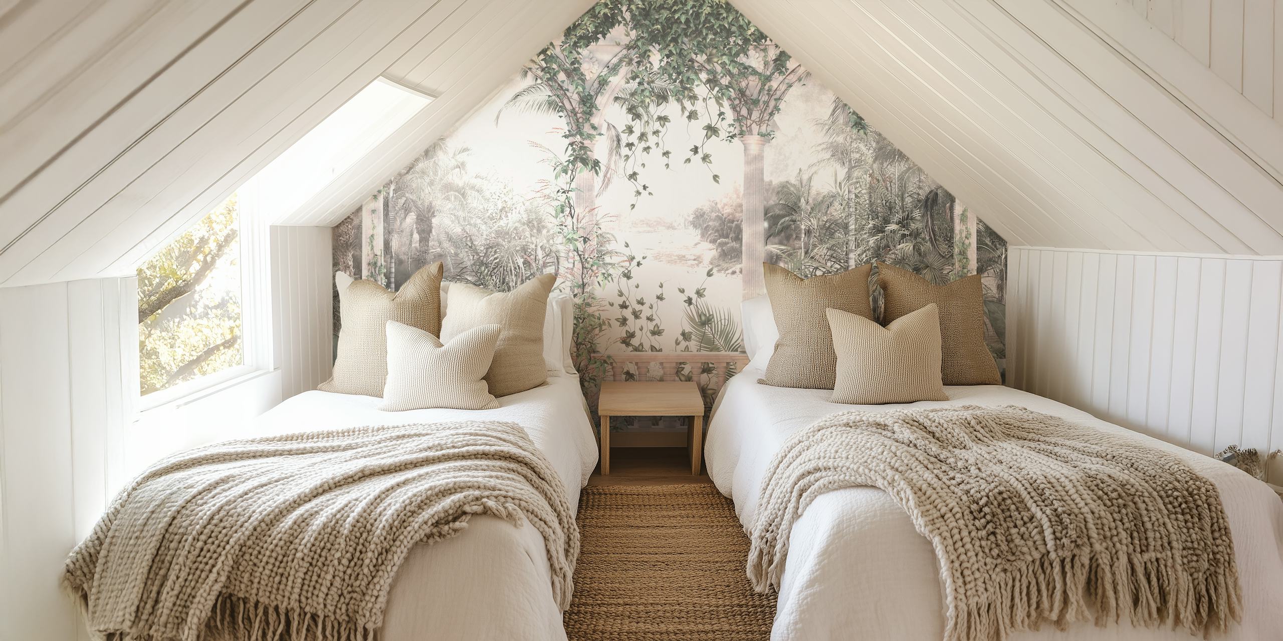 Lush greenery and arches in tropical garden wallpaper
