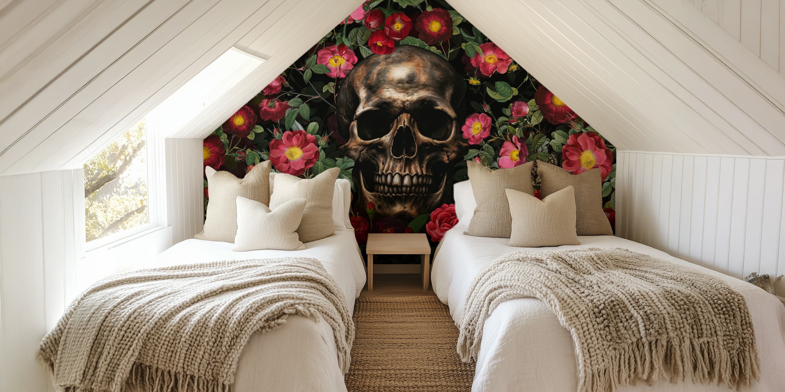 Baroque skull and roses wallpaper design in a room