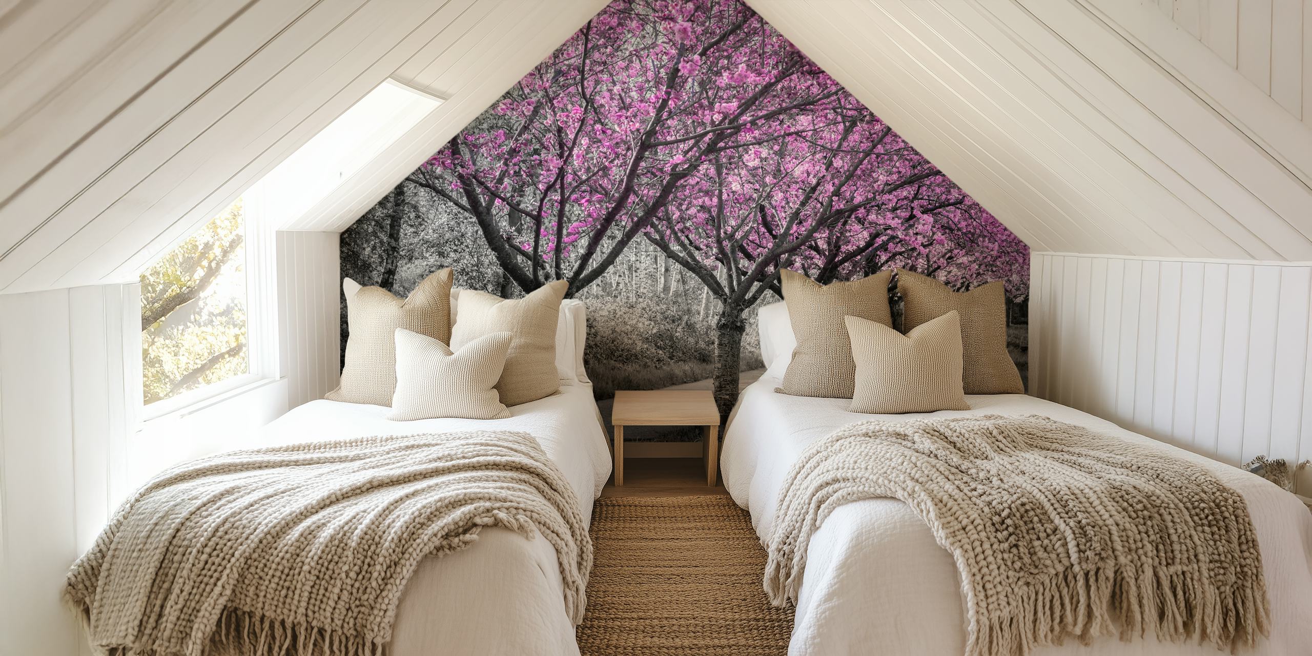 Pink cherry blossom trees in black and white wallpaper