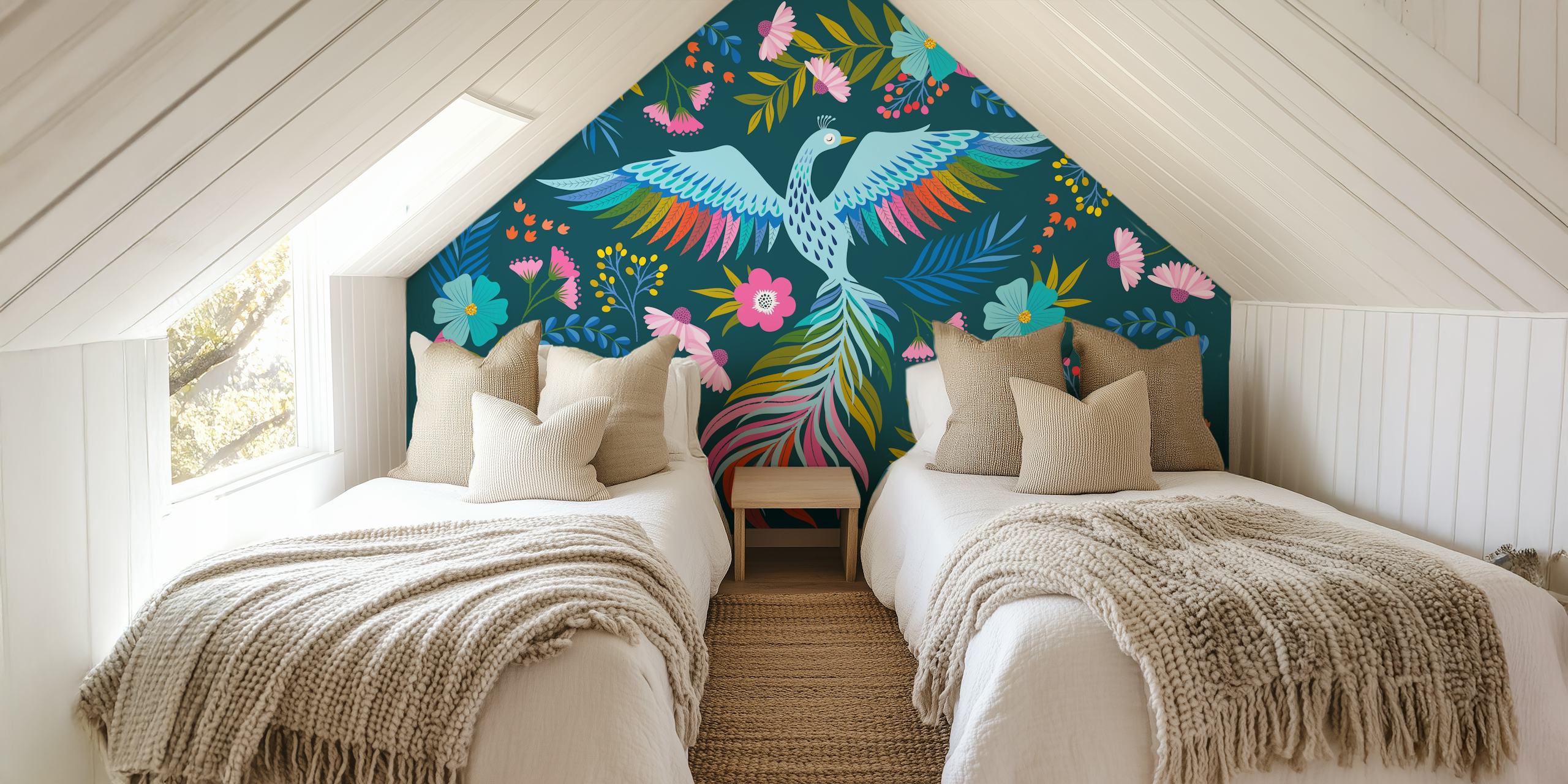 Colorful rainbow phoenix with flowers and leaves wallpaper