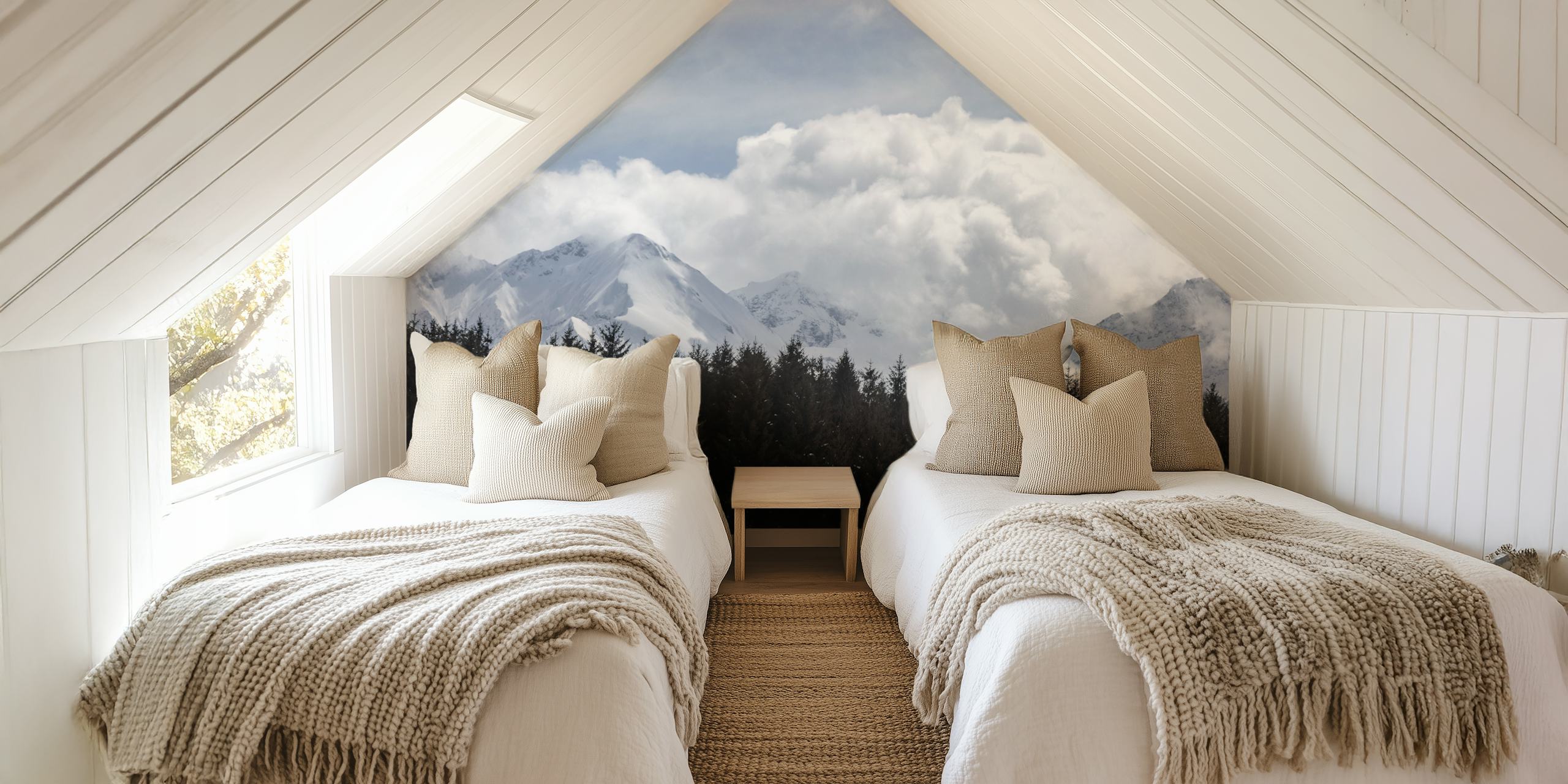 Snow-covered mountain peaks rising above a dark tree line wall mural