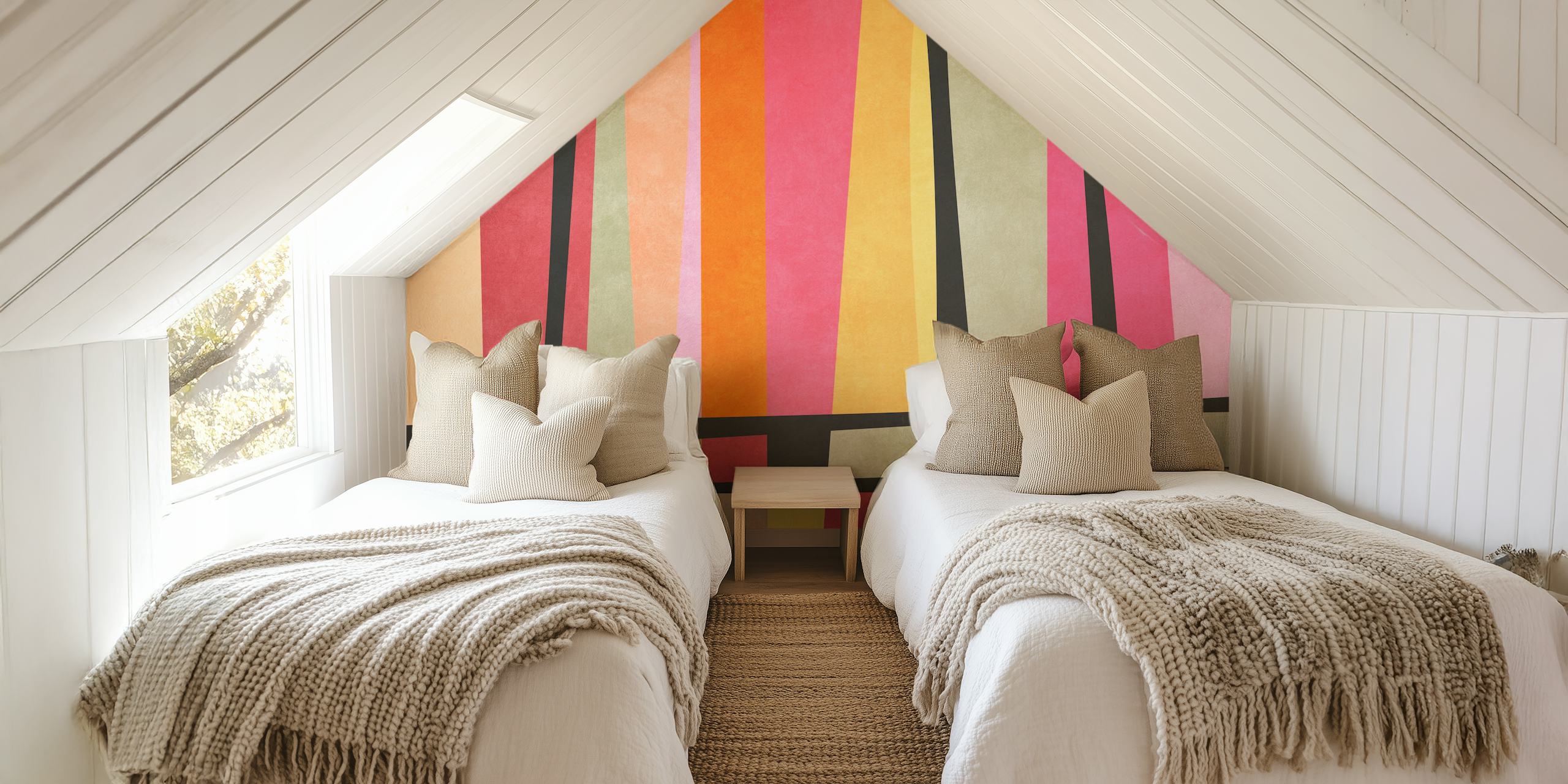 Colorful striped wallpaper with pink, orange, and yellow tones in a modern abstract style.