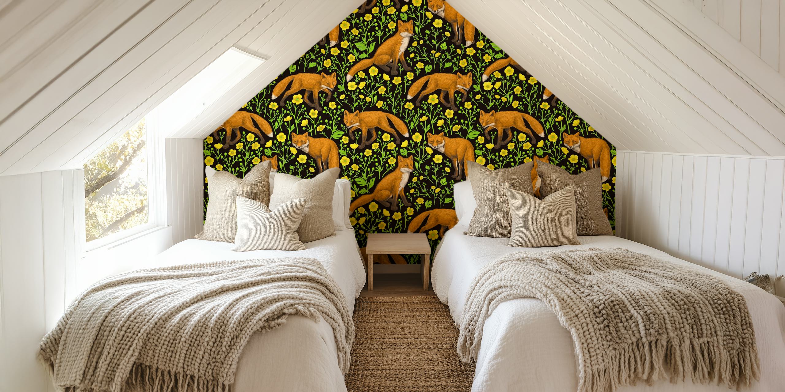 Foxes and yellow buttercups on black background wallpaper