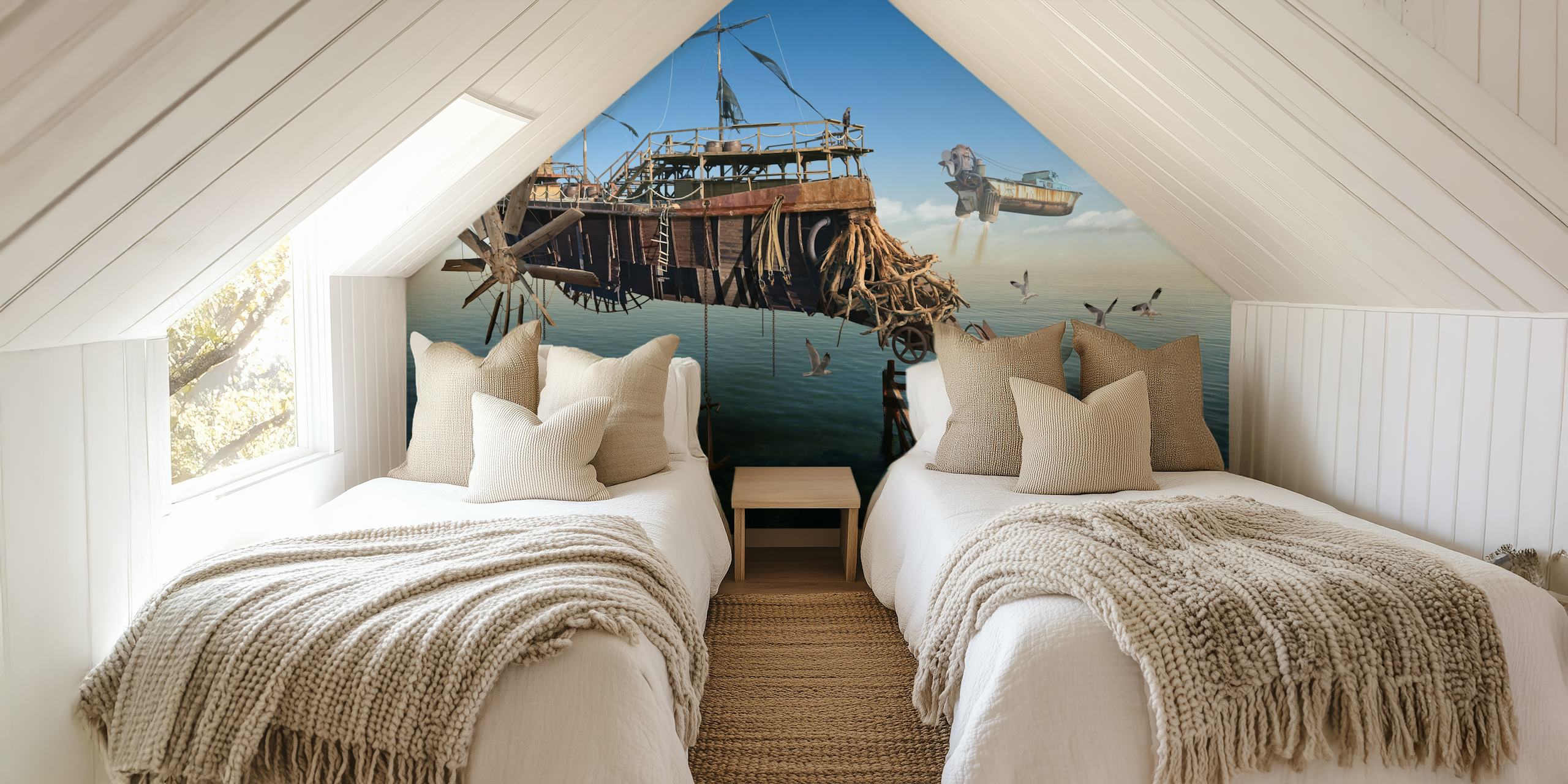 Nautical shipwreck design with rusted boat and ocean view wallpaper