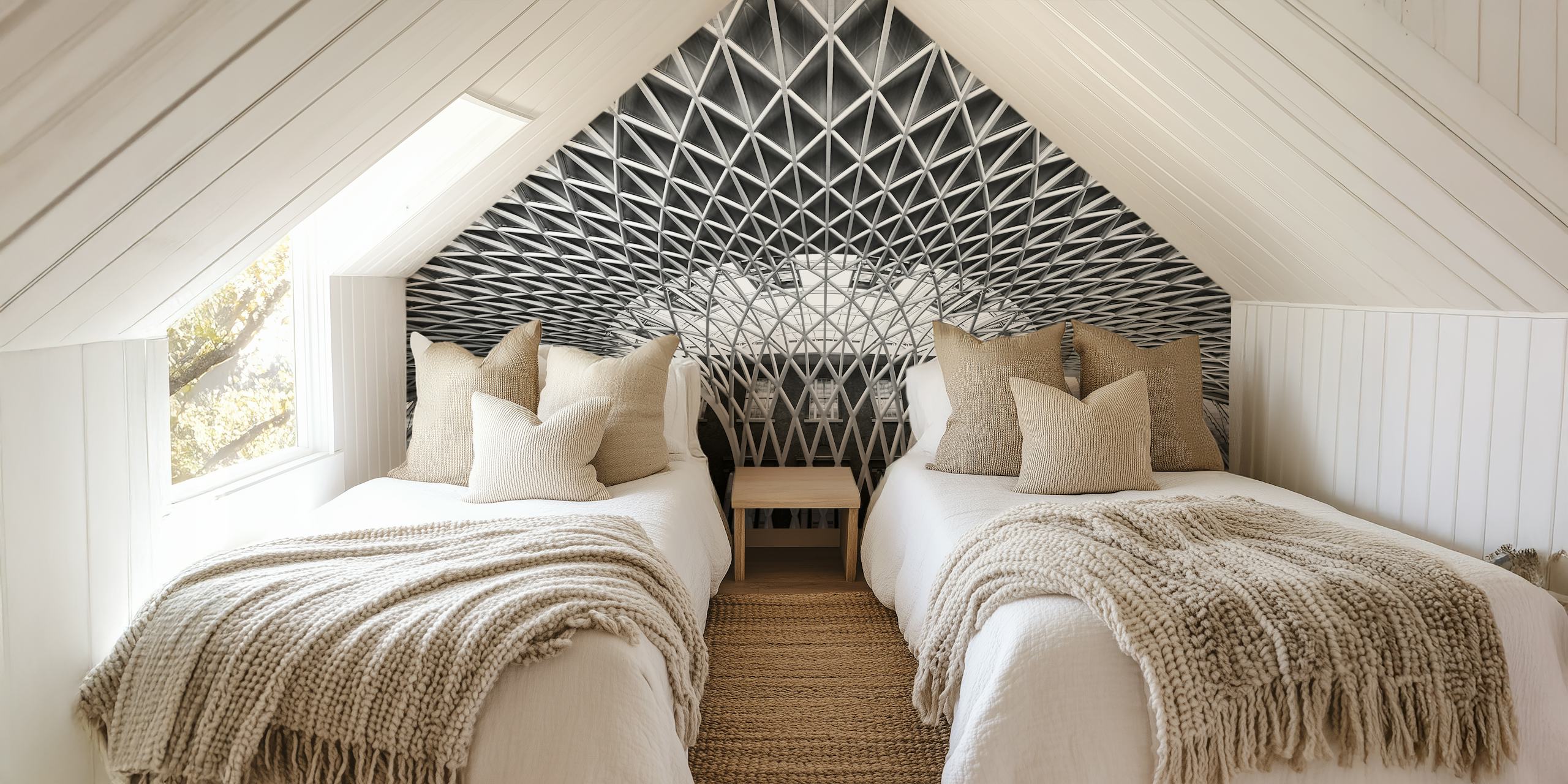 Geometric pattern featuring a white lattice design on a black background wallpaper