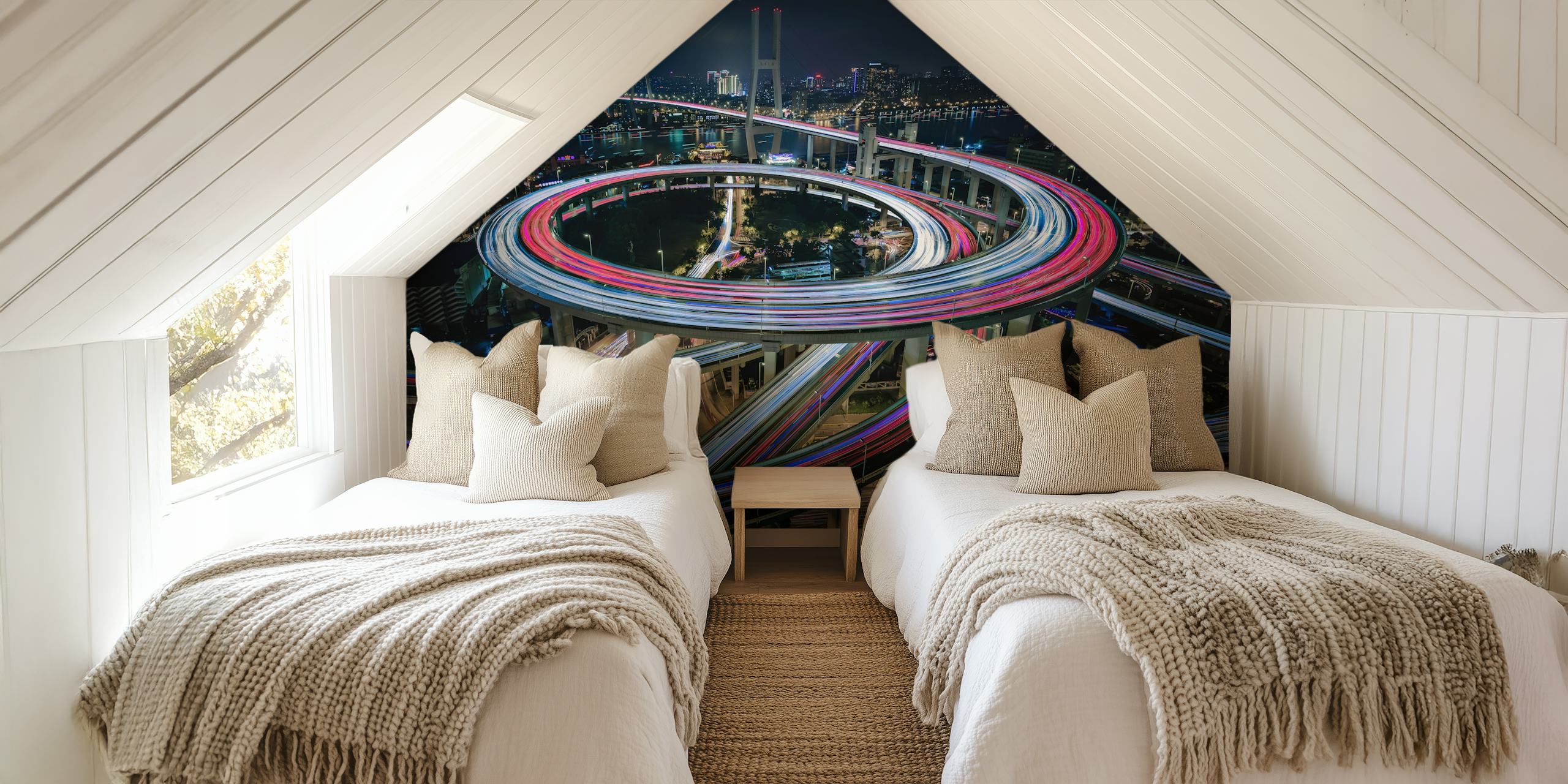 Mural del puente NanPu con paisaje urbano nocturno y senderos de tráfico iluminados