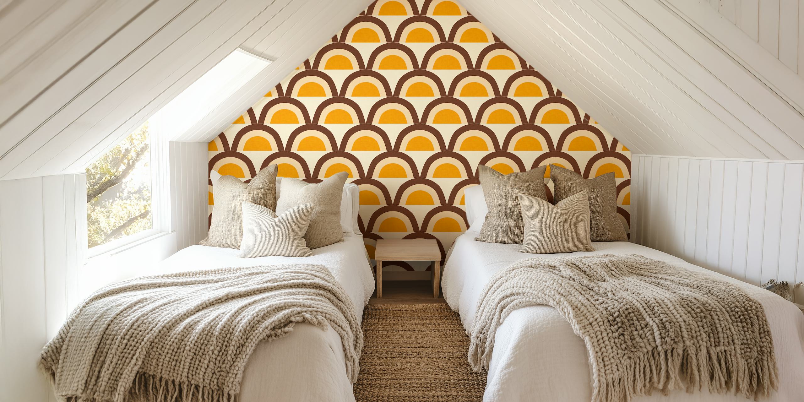 Carta da parati anni '70 Rainbow Brown con motivi a semicerchio in calde tonalità marrone e ocra