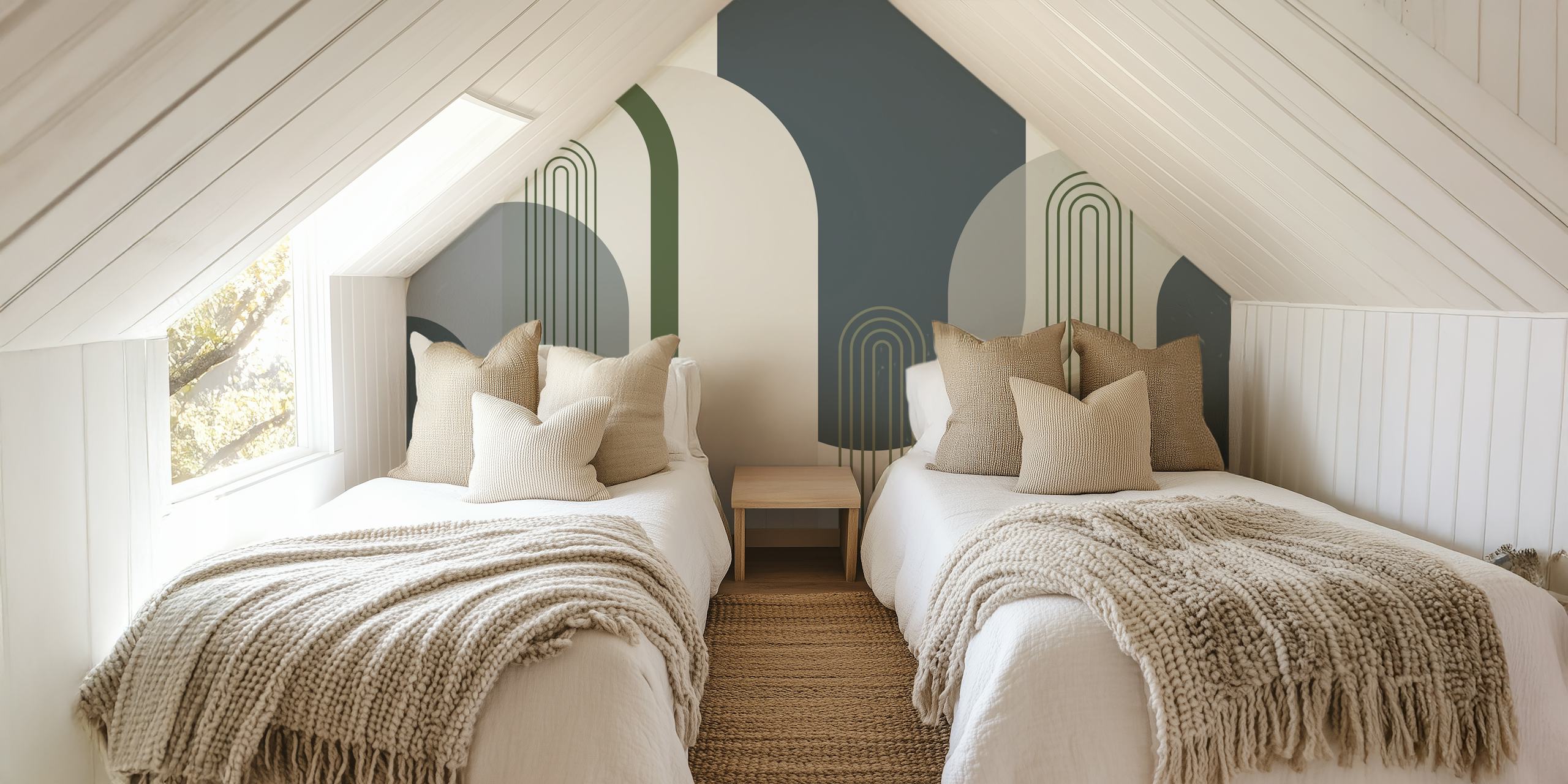 Mid Century Modern arches pattern in blue and green wallpaper
