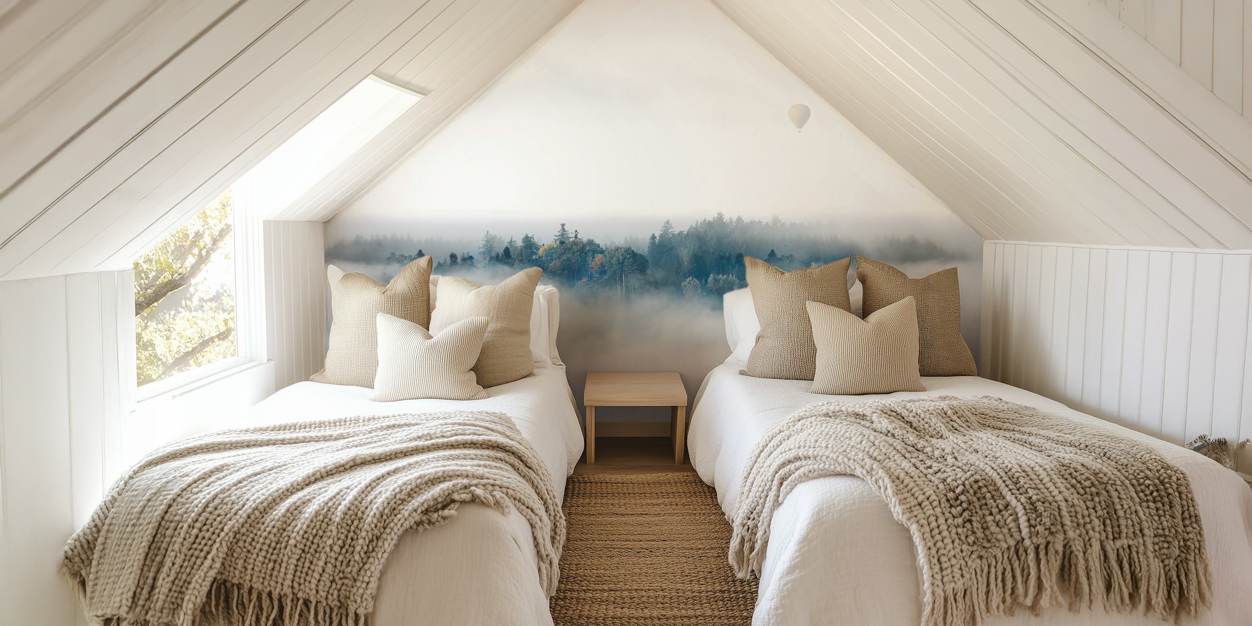 Misty landscape with trees and a hot air balloon, grey tones wallpaper