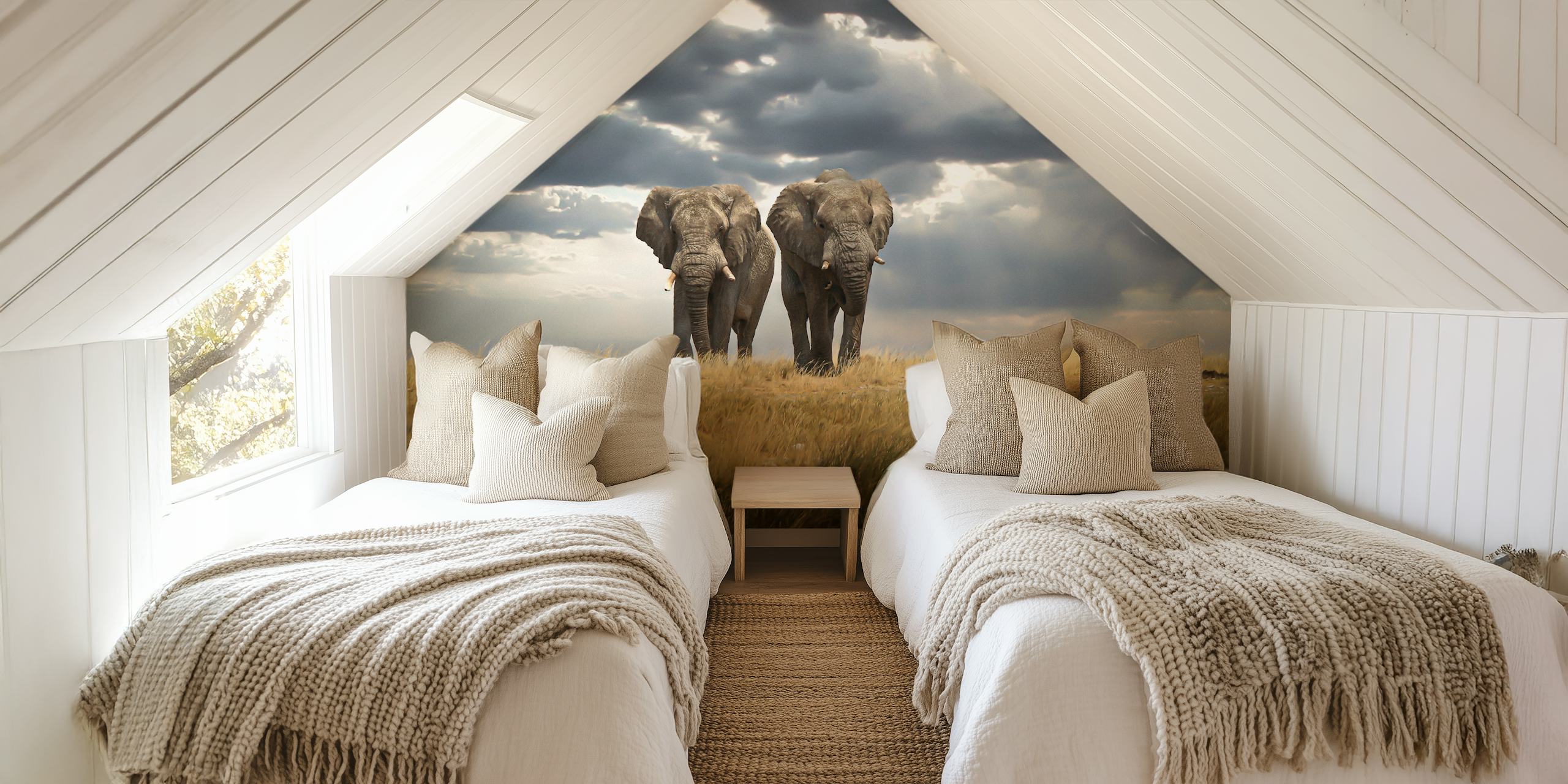 Elephants standing in a grassland under cloudy sky wallpaper