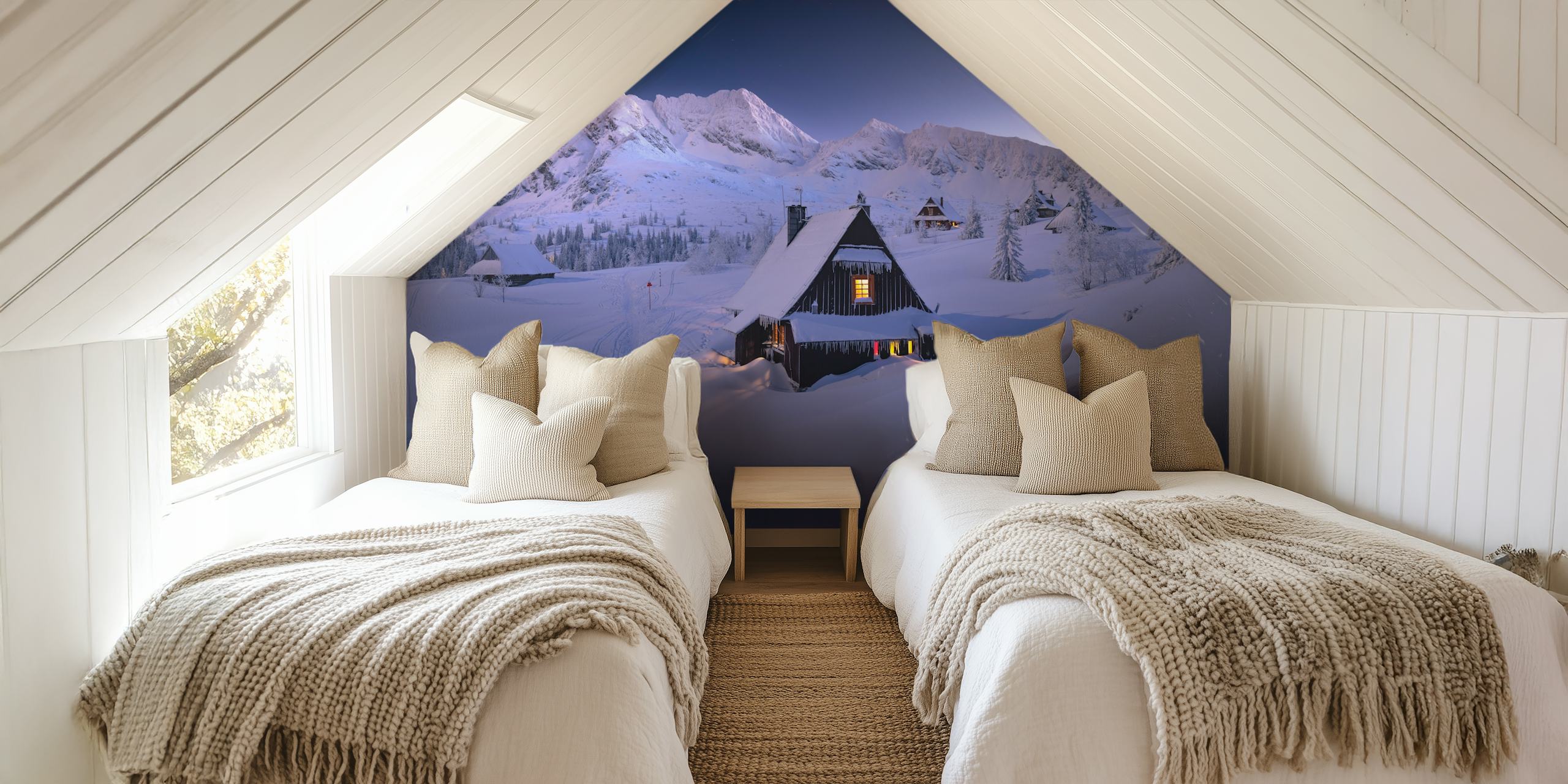 Snowy lodge in mountains at dusk wallpaper