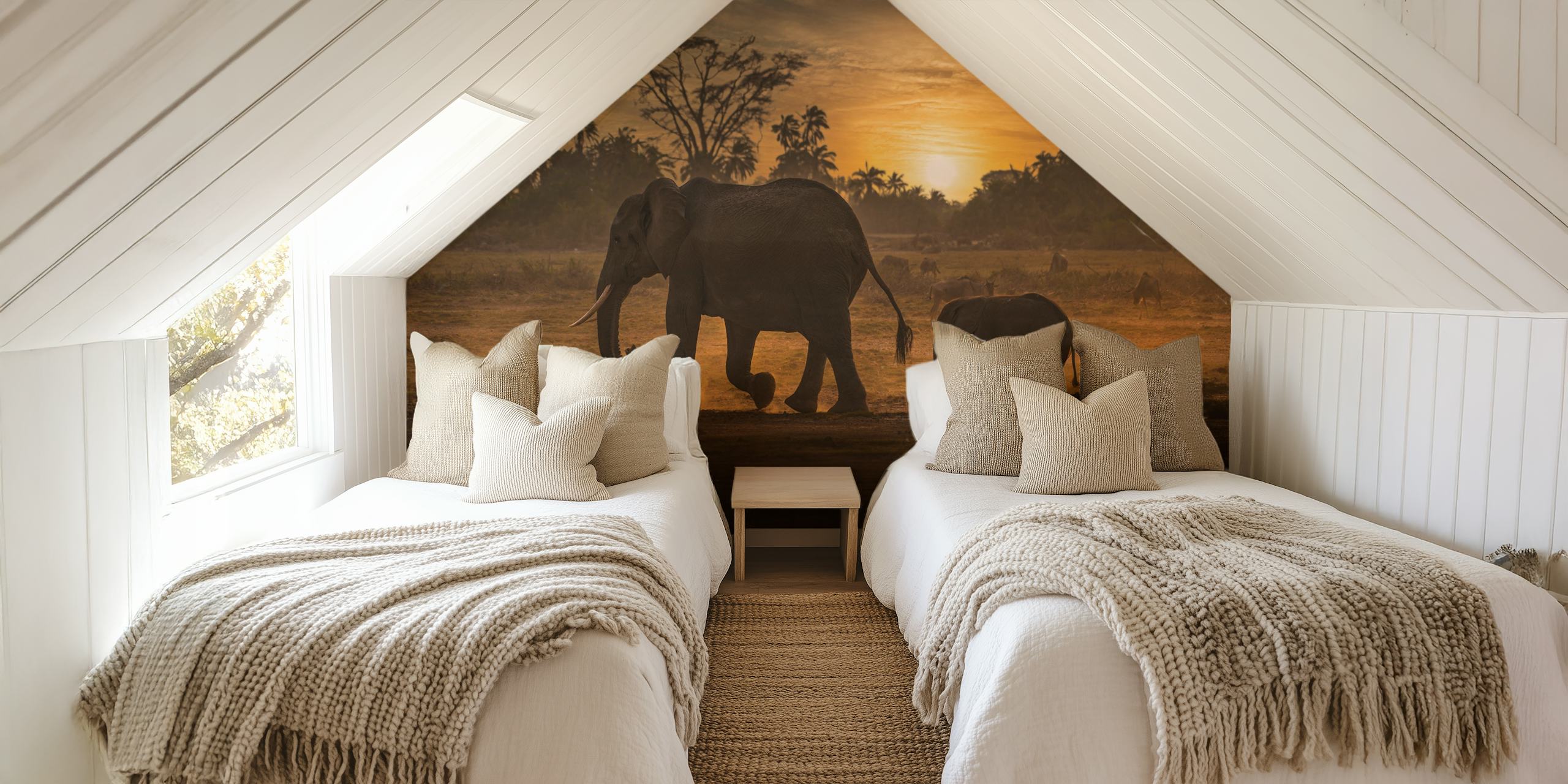 Elephants walking at sunset wallpaper