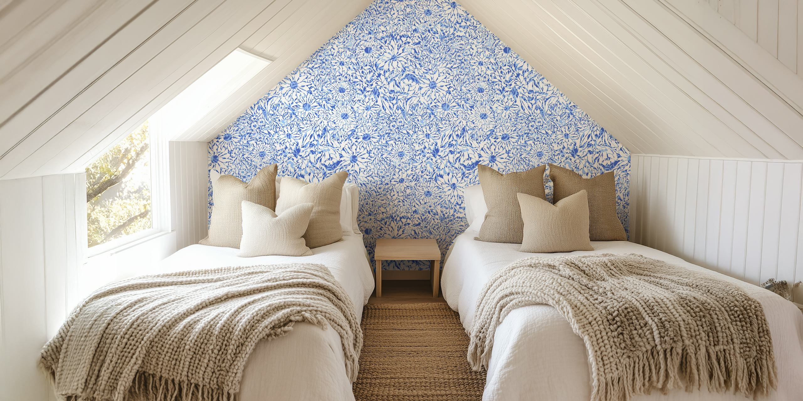 Floral patterns in blue with white background wallpaper