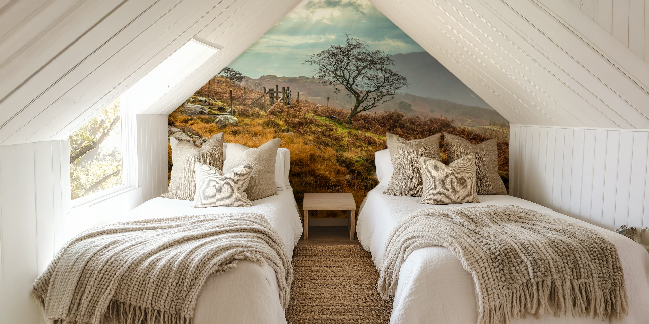 Lush landscape featuring a tree, rocky terrain, and cloudy skies wallpaper