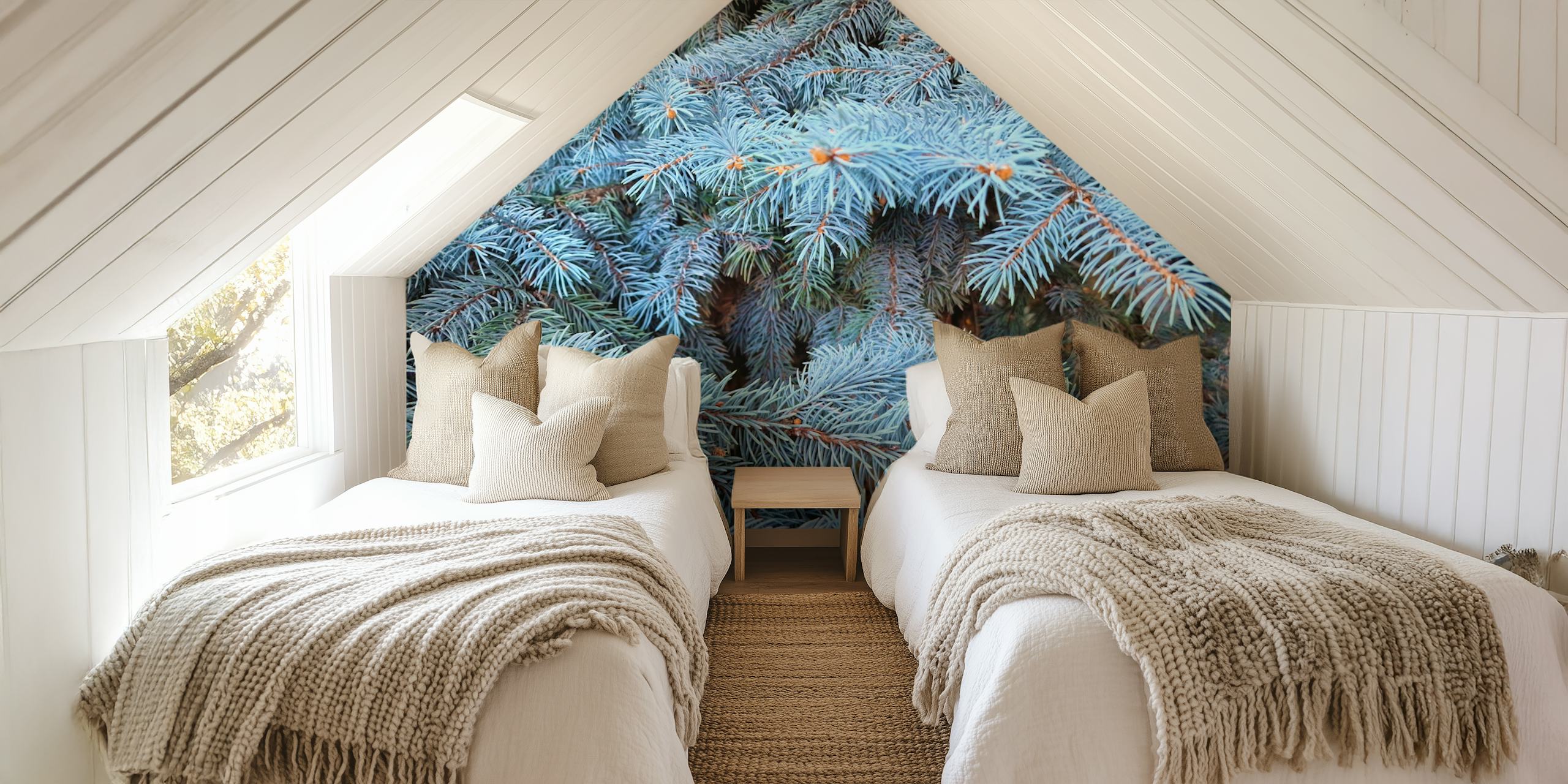 Blue fir branches wallpaper in a room