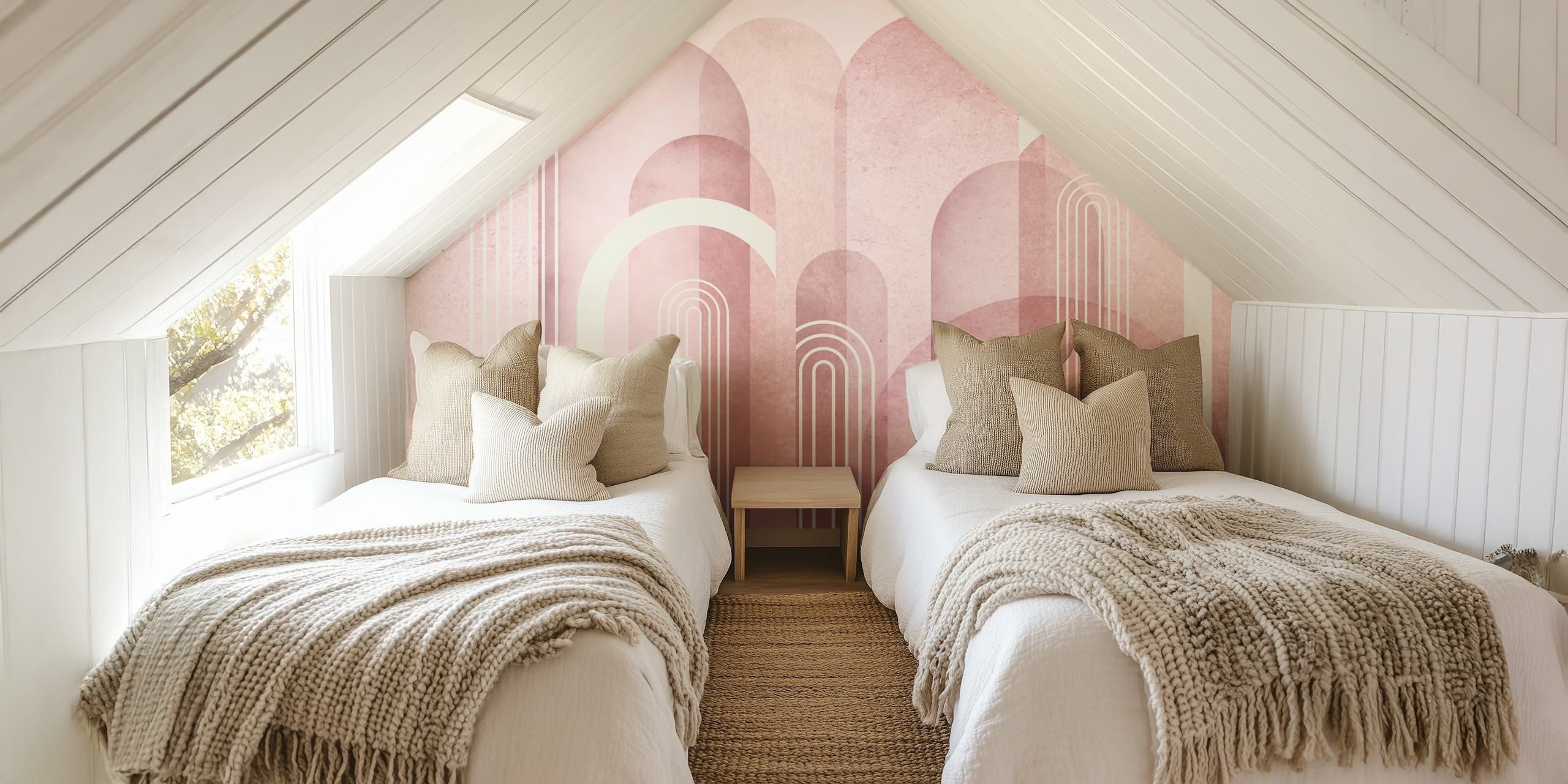 Blush pink mid century arches wallpaper in a room