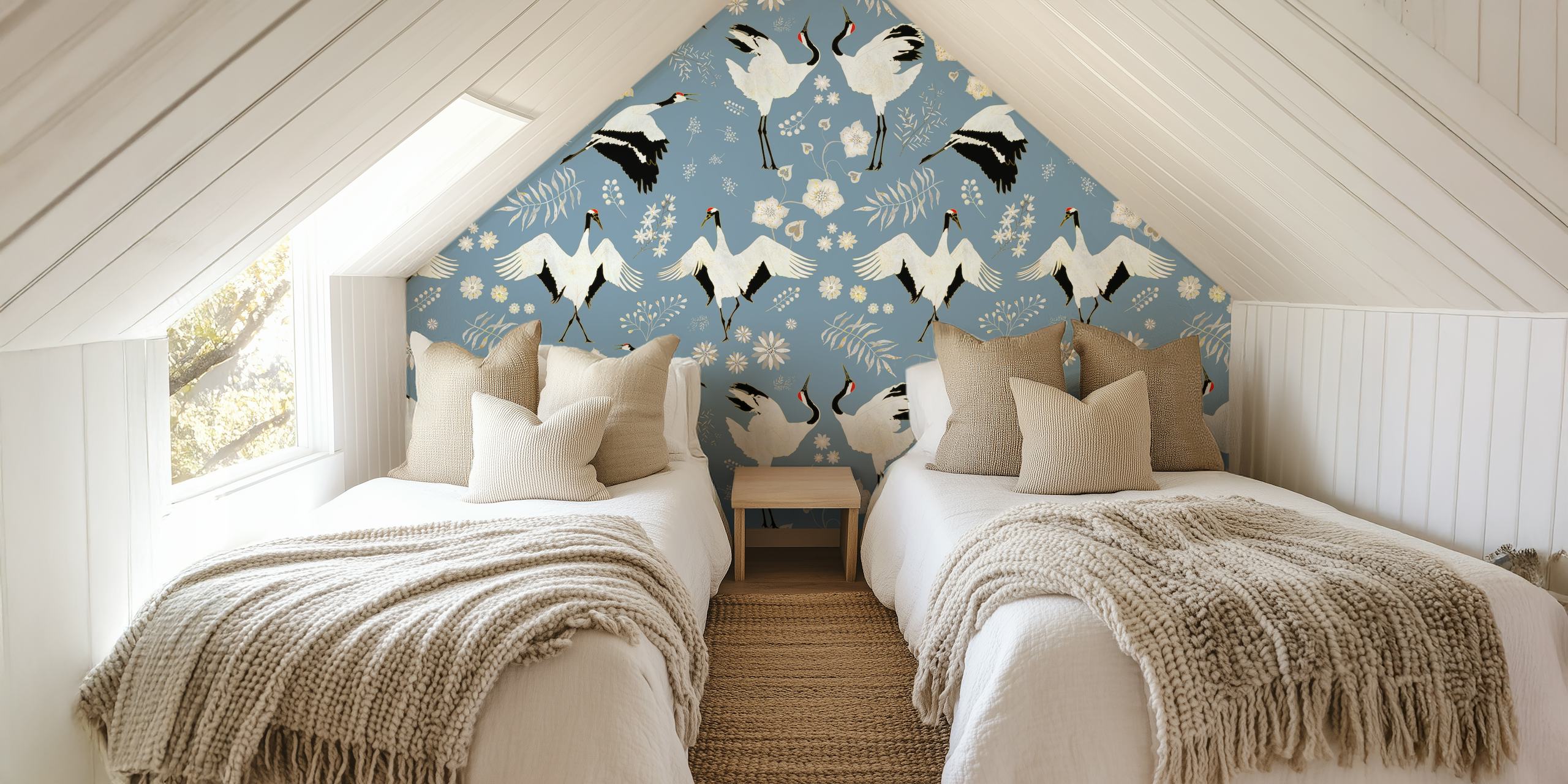 Dancing cranes and floral patterns on a blue background wallpaper