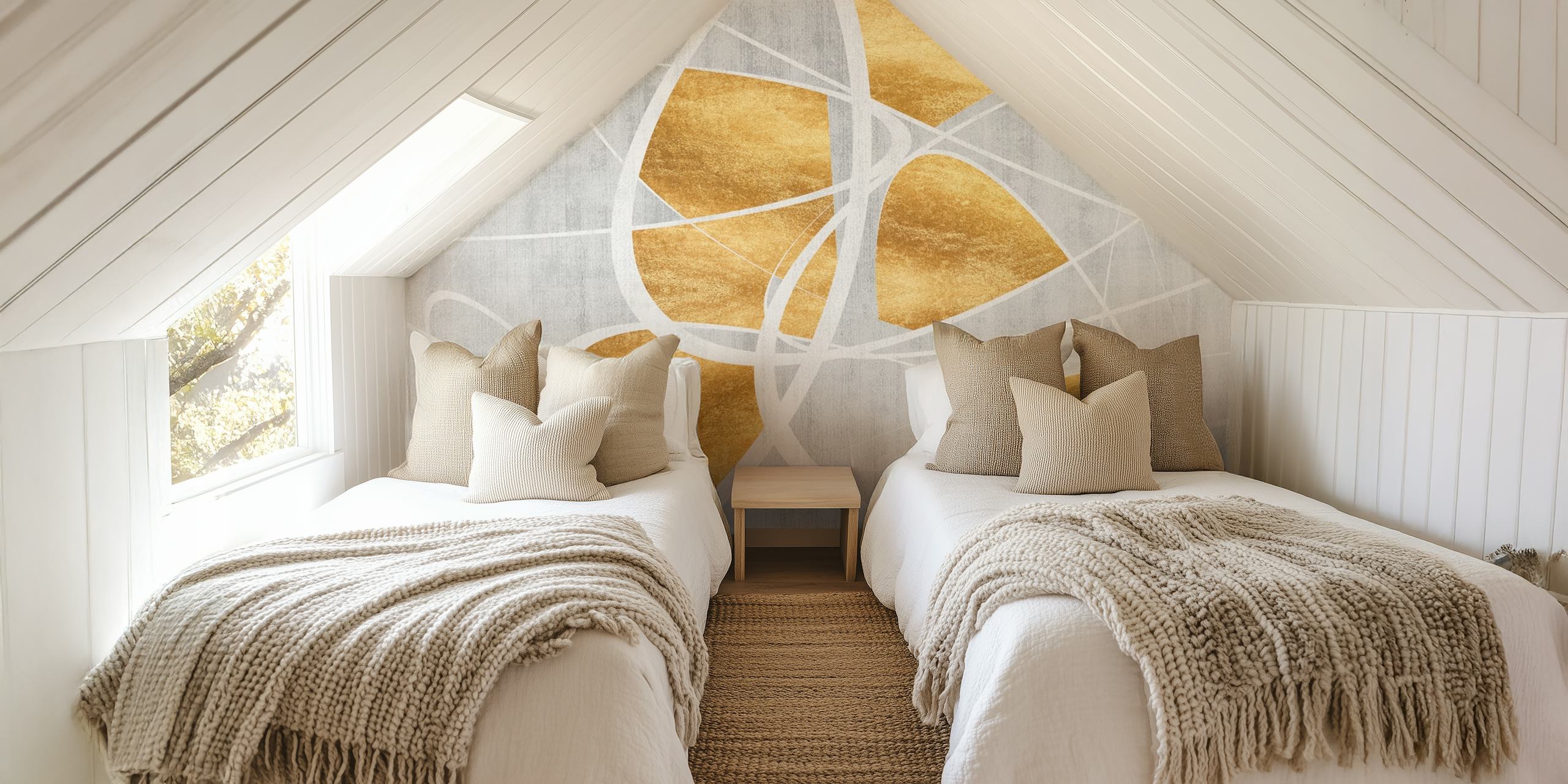 Gold abstract shapes with white lines on gray wallpaper