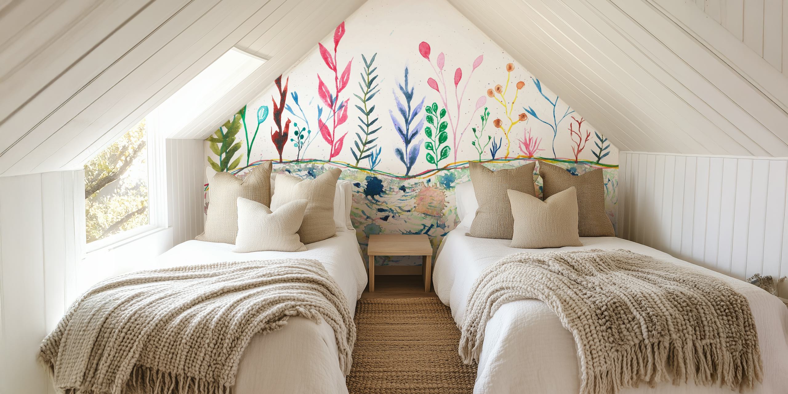 Colorful watercolor flowers and leaves in vibrant hues wallpaper