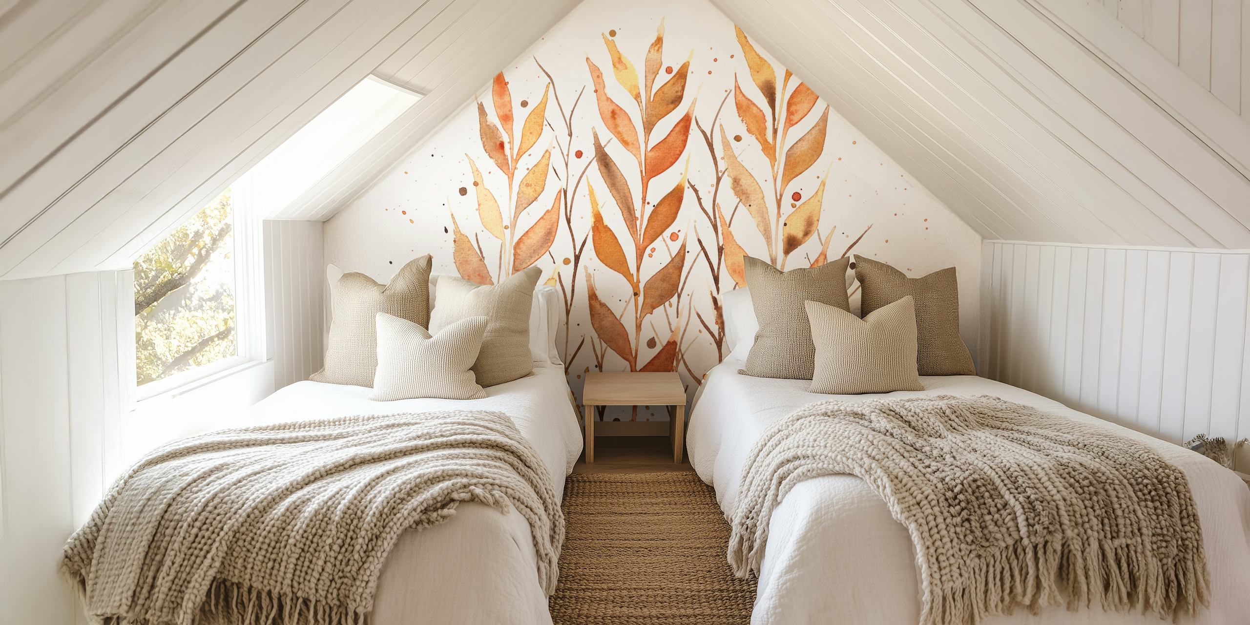 Rusty leaves pattern in warm colors on white background wallpaper