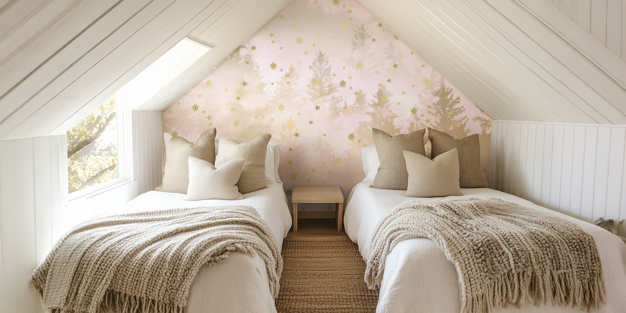 Blush forest wallpaper with stars and a soft pink background.