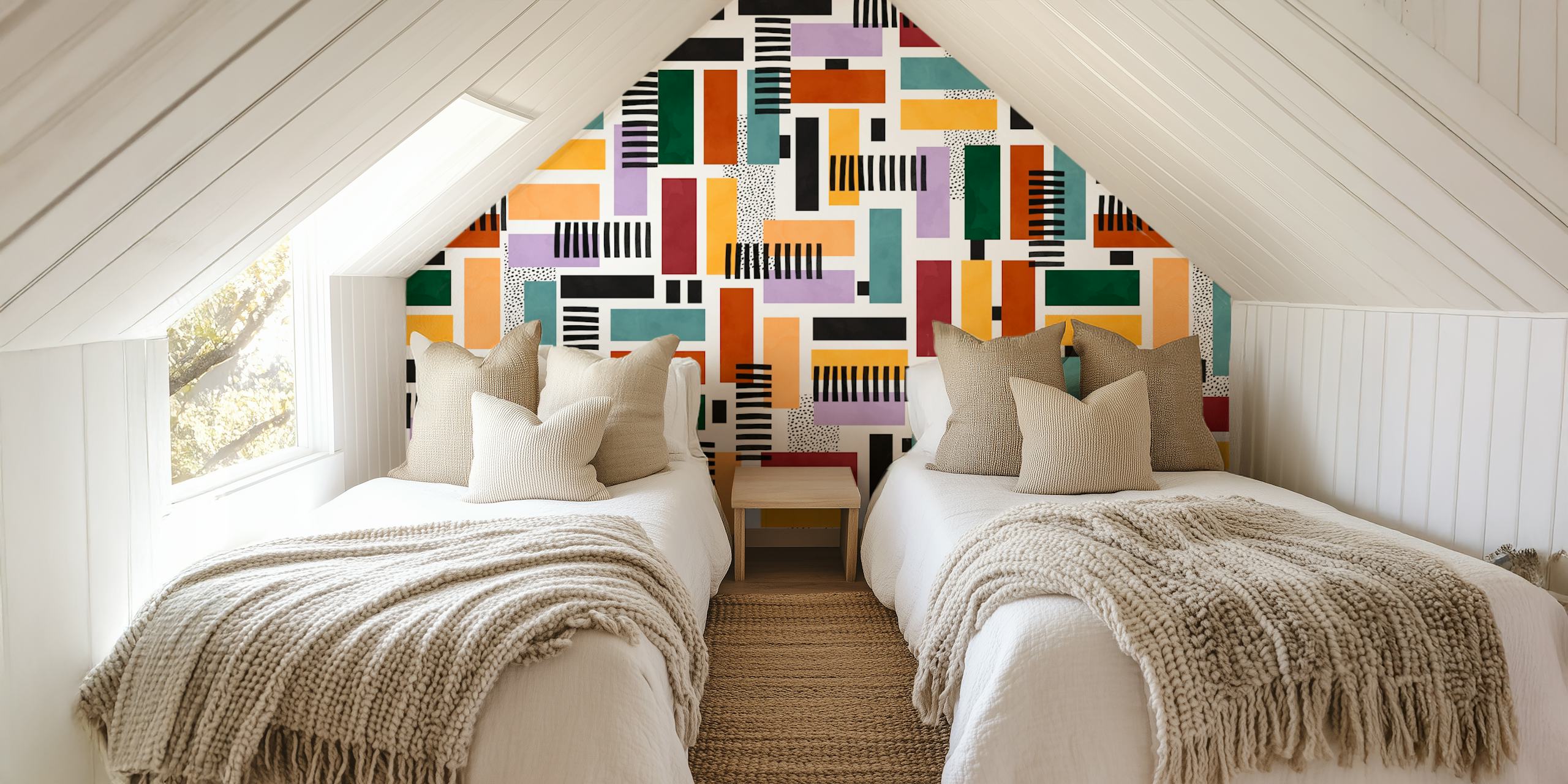 Colorful abstract striped wallpaper with various geometric shapes