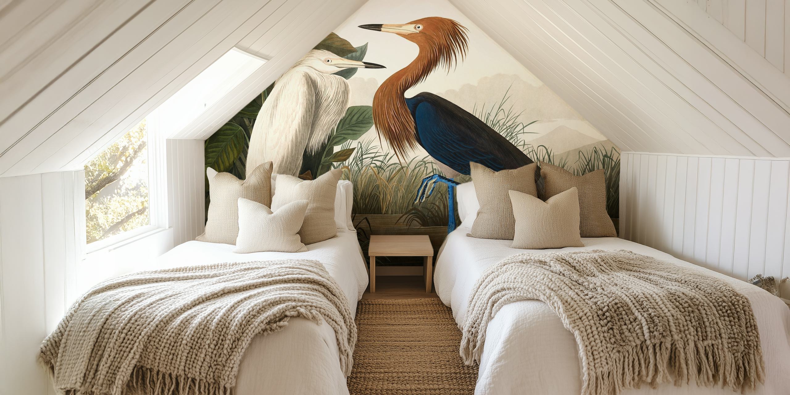 Two vintage tropical birds in a natural setting with green foliage wallpaper.