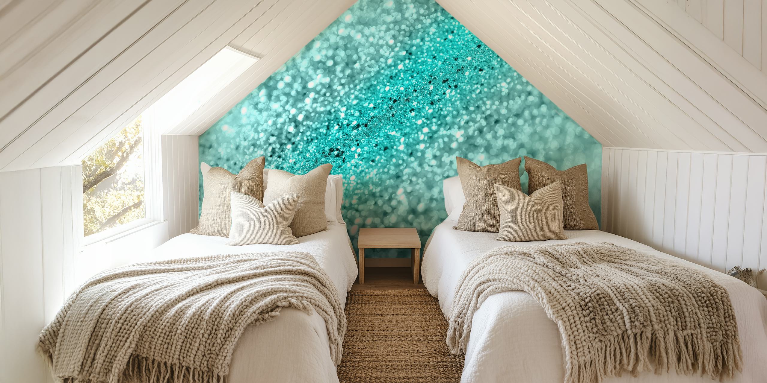 Aqua Ocean Bokeh Brokatowa fototapeta z błyszczącym turkusem i załamaniami światła