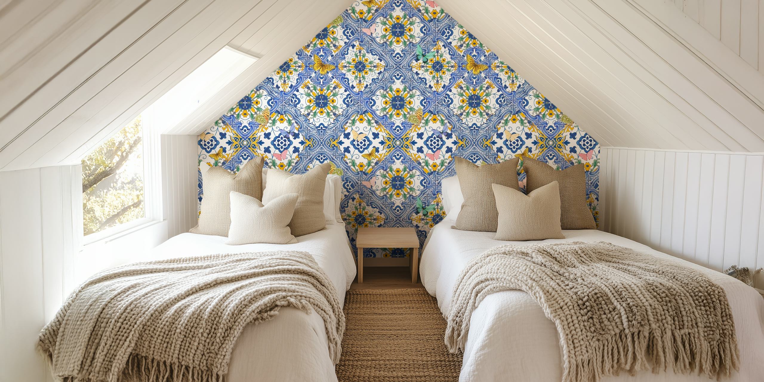 Blue tiles and butterflies wallpaper design