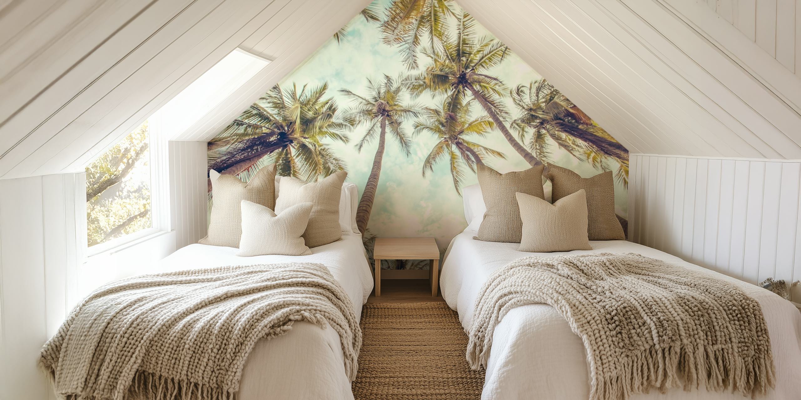 Palm trees under a blue sky with soft clouds wallpaper