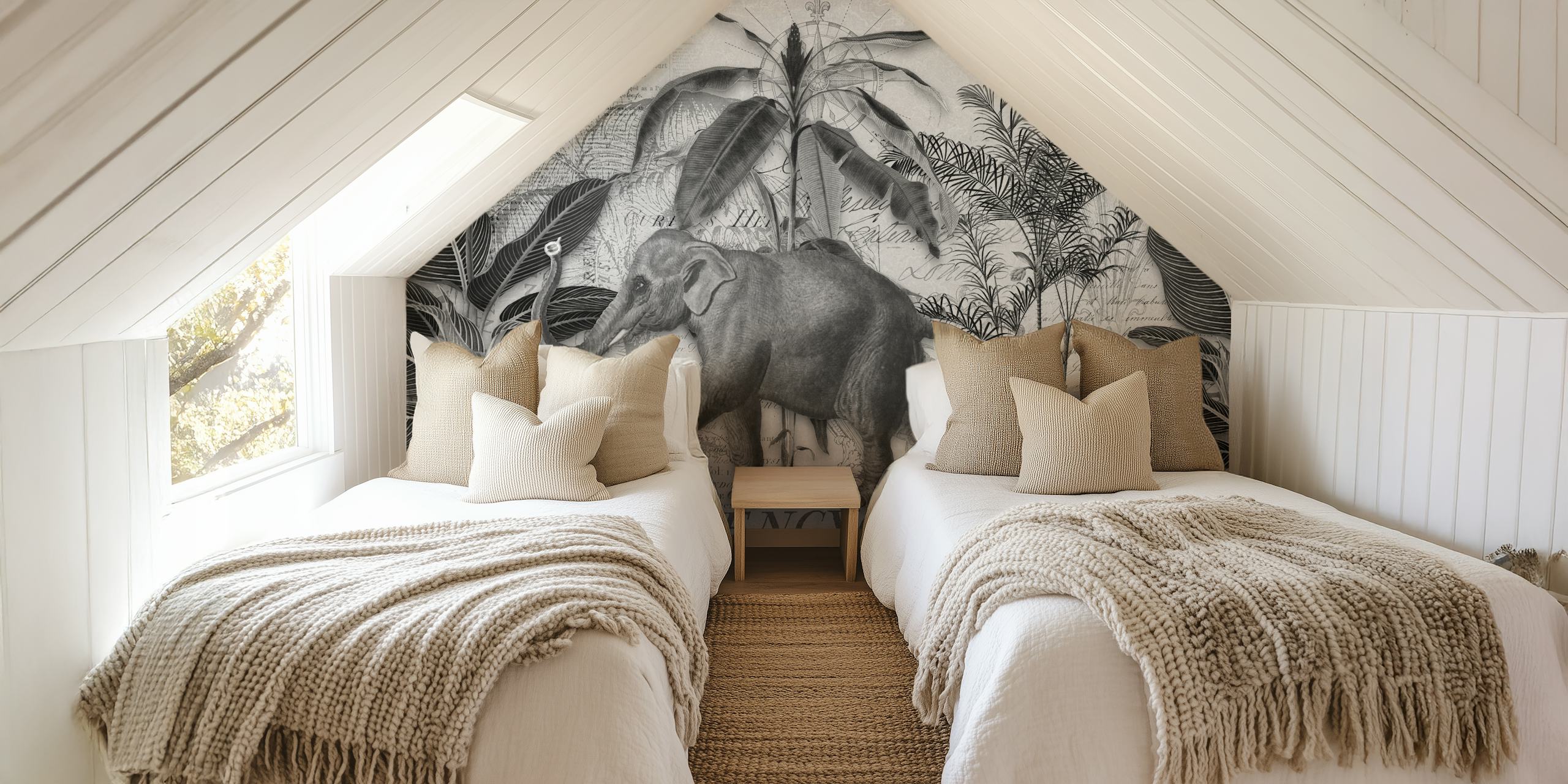 Elephants Journey Collage Grey papel de parede no quarto