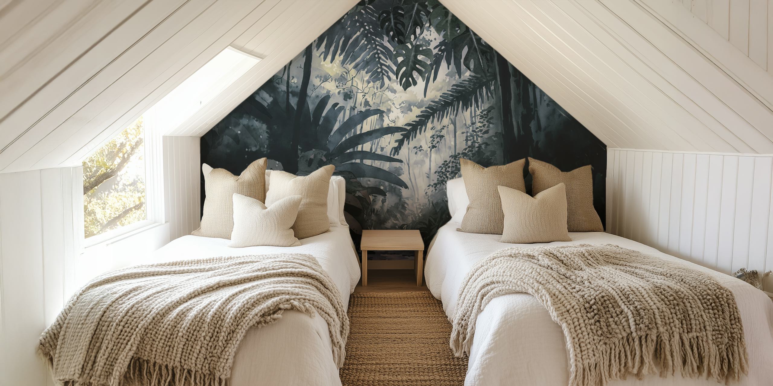 Ταπετσαρία Tropical Jungle Teal Grey σε ένα δωμάτιο