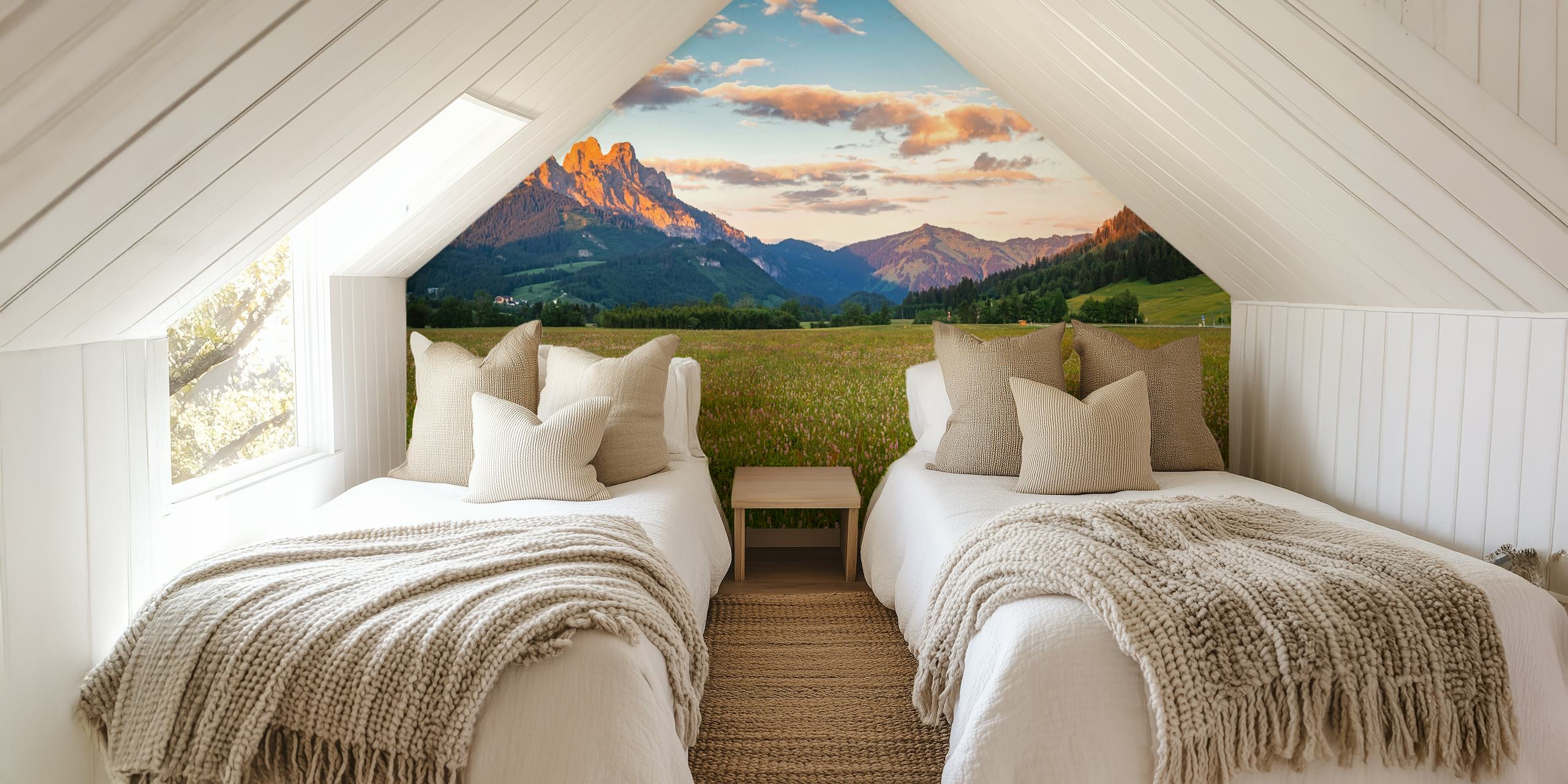 Scenic mountain view with green fields and blue sky wallpaper
