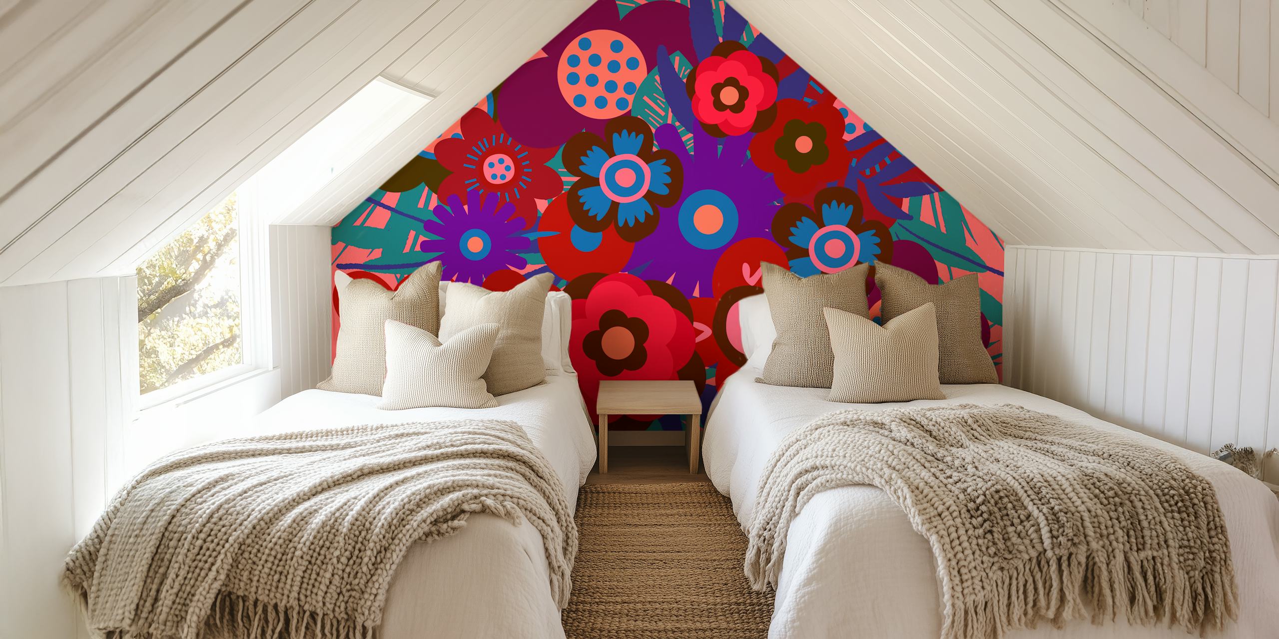 Mural de parede abstrato de arte floral de meados do século com cores vibrantes