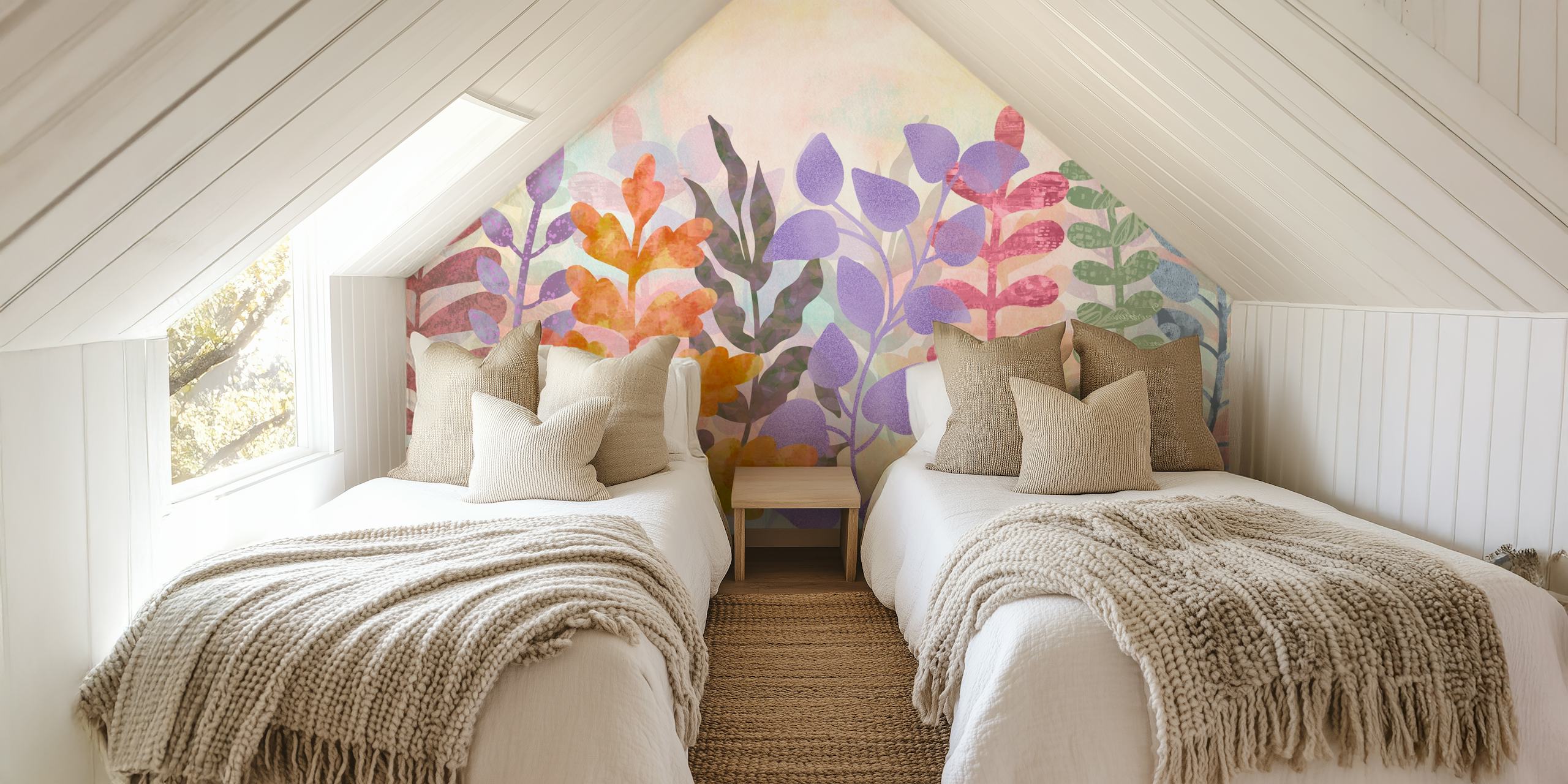 Colorful watercolor leaves in purple, green, orange, and pink wallpaper