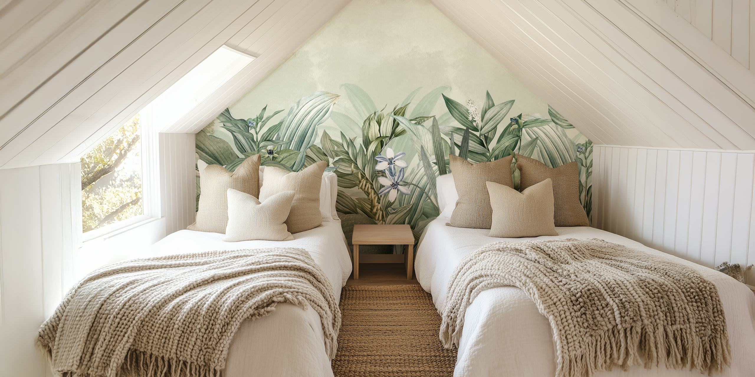 Tropical leaves with white flowers and green tones wallpaper