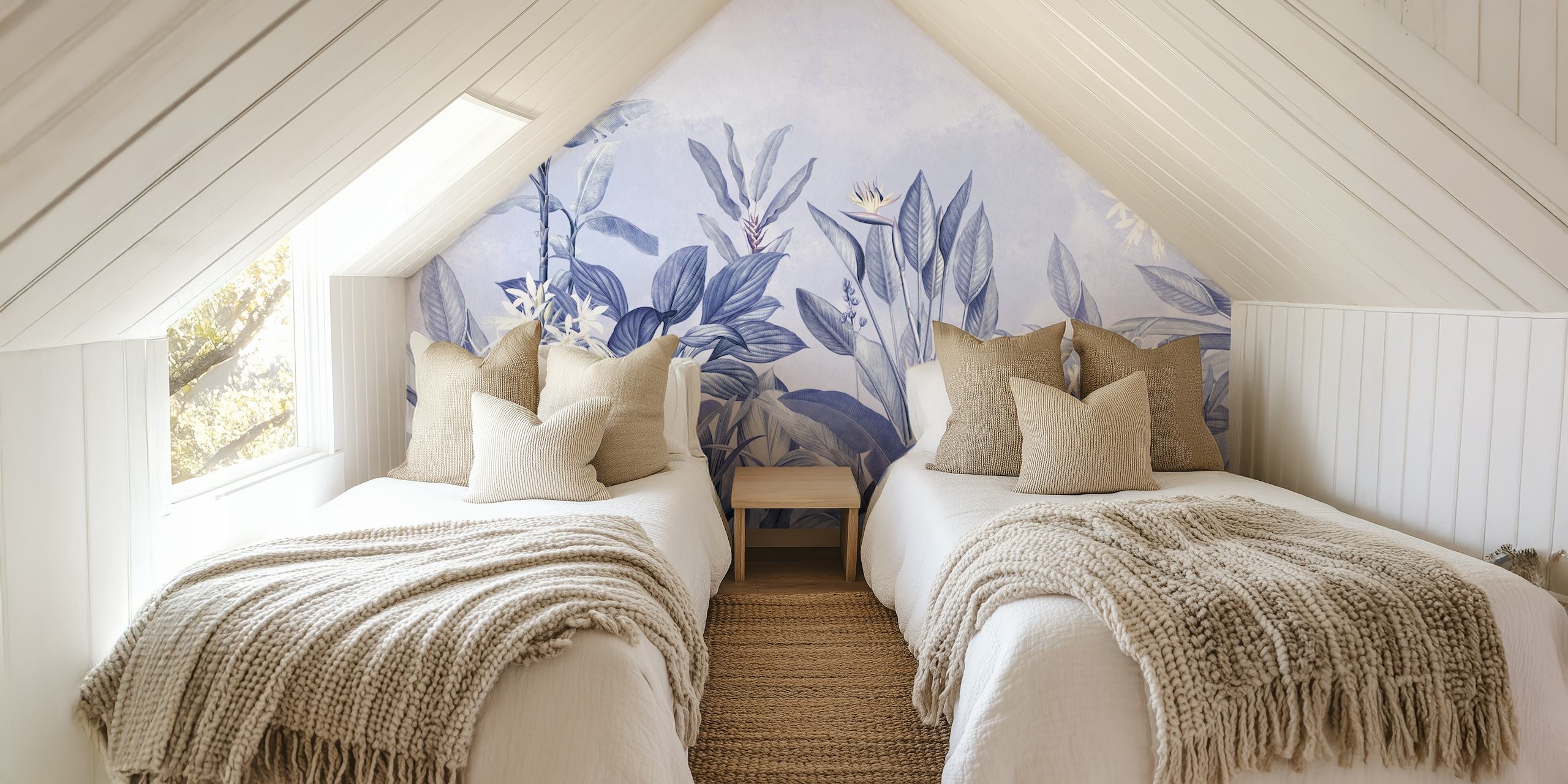 Elegant vintage botanical garden wall mural in shades of blue and white