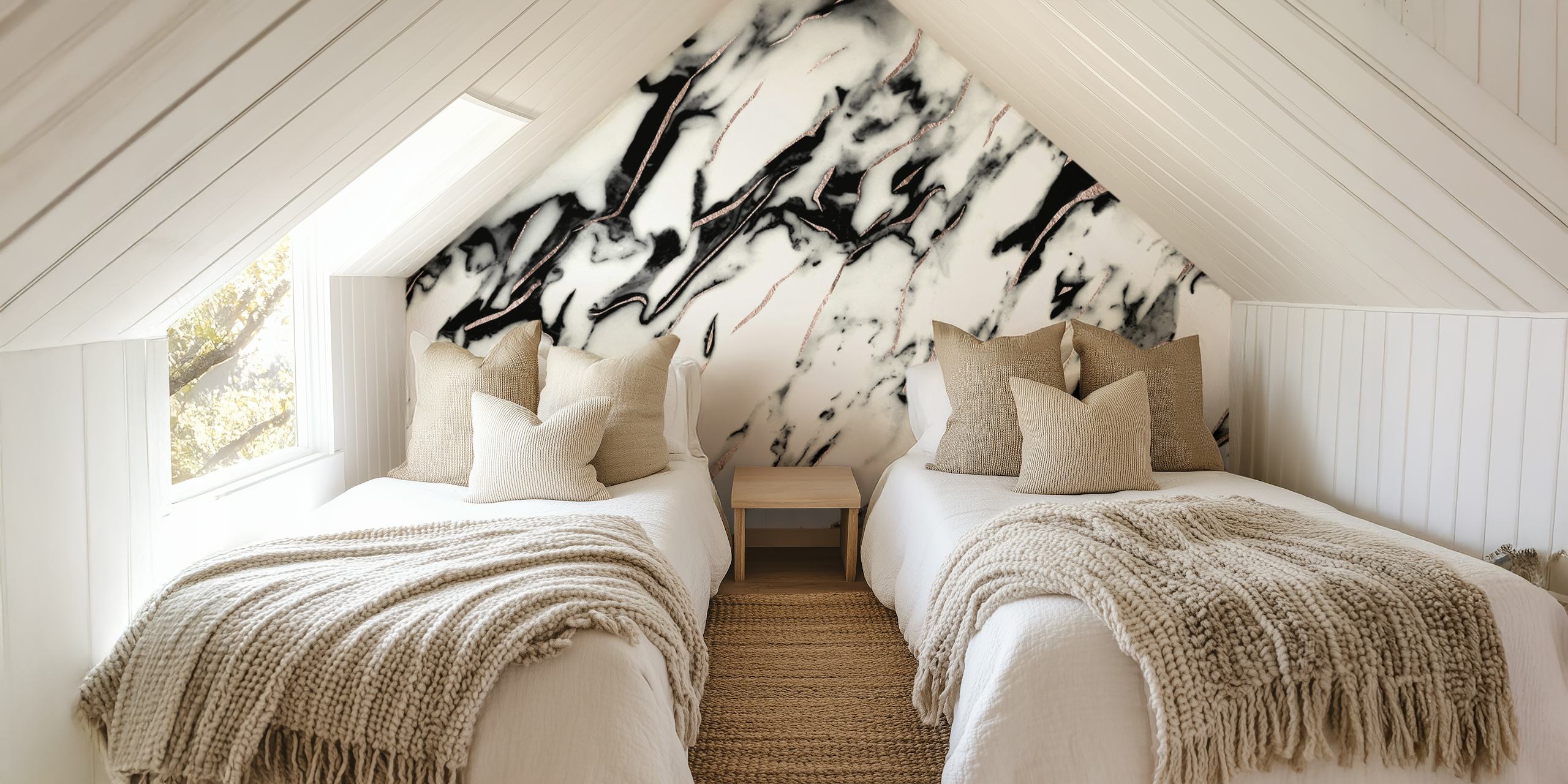 White marble wall mural with rose gold foil accents for a luxurious look