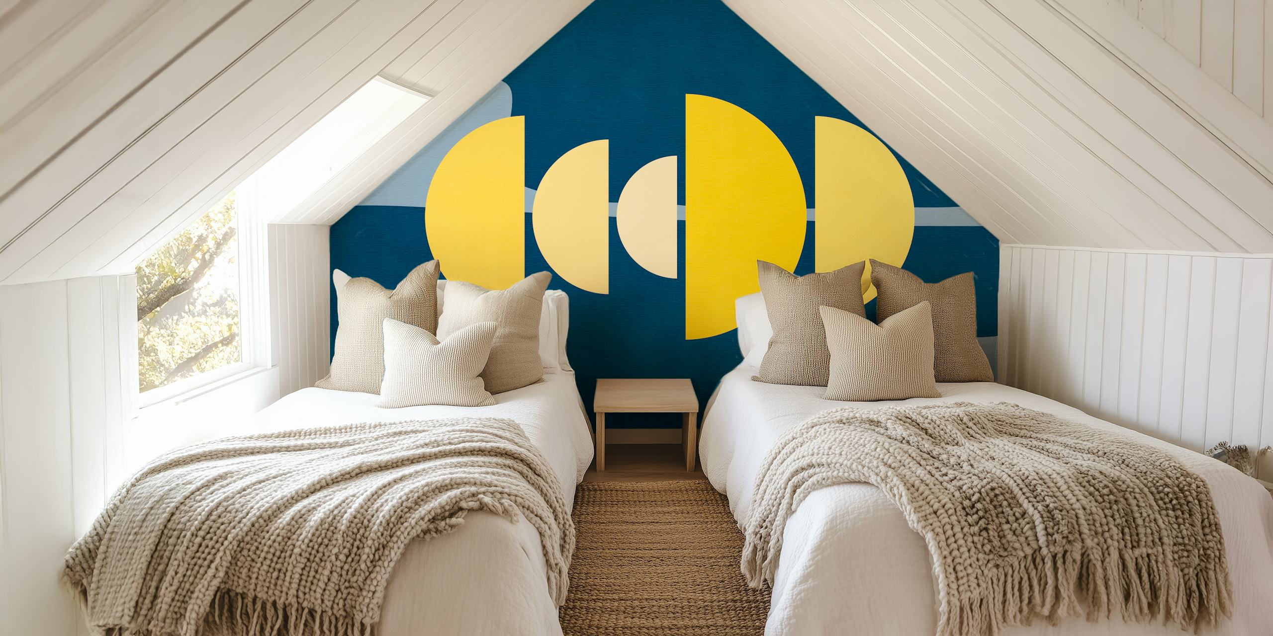 Geometric shapes in yellow and cream on a navy background wallpaper