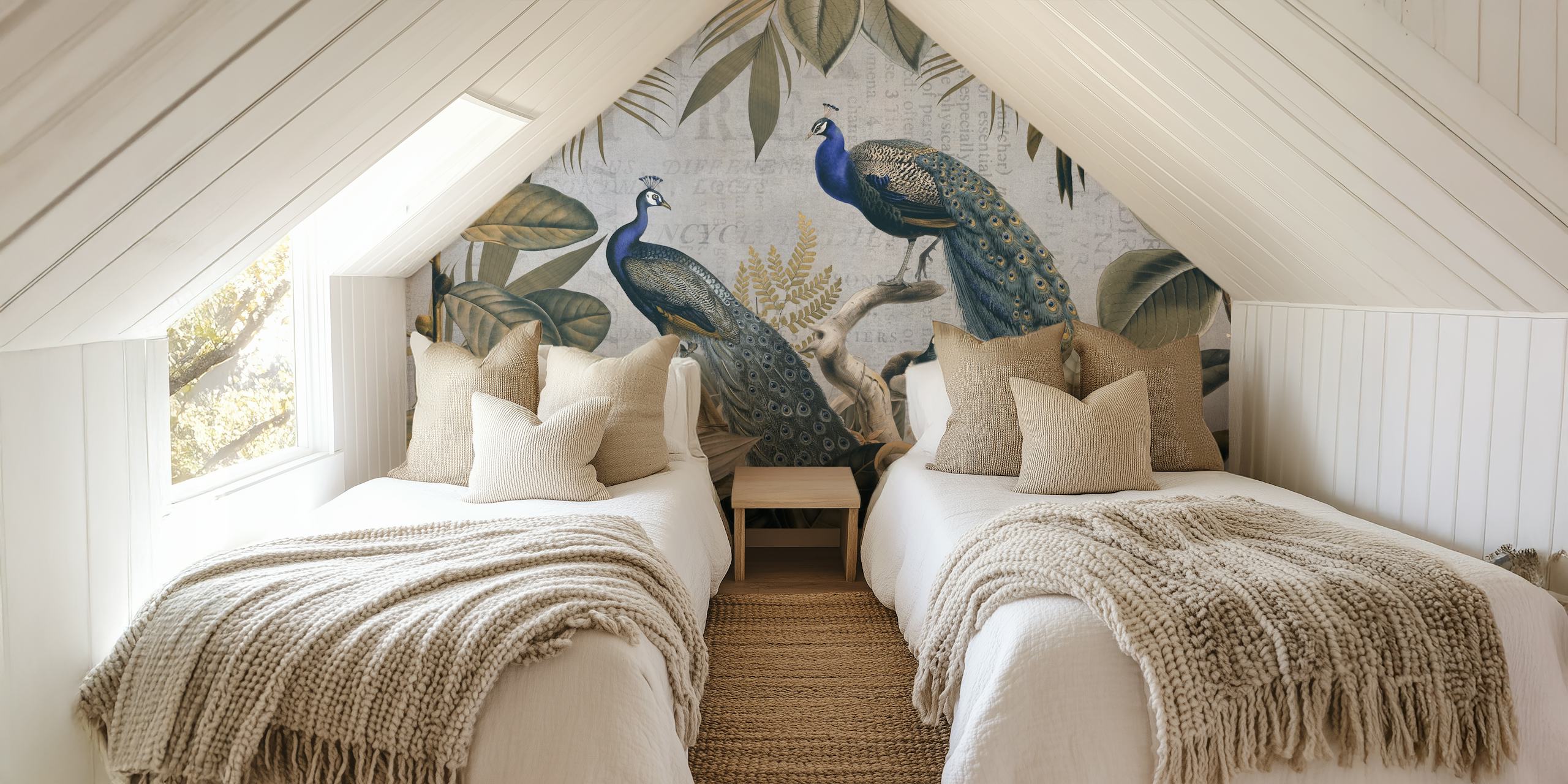 Vintage peafowls wallpaper in a room