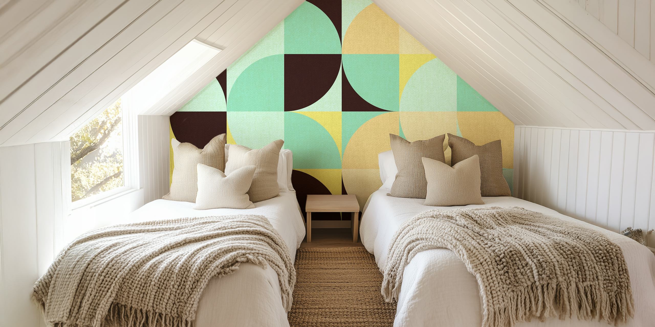 Vintage geometric pattern wall mural in mint, beige, and soft earth tones