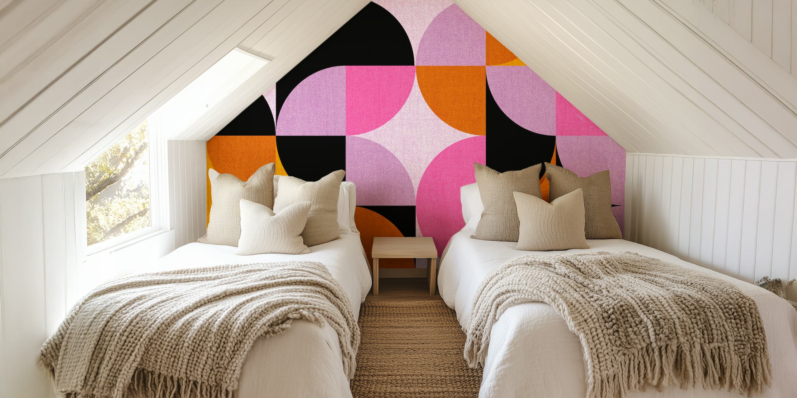 Pink and orange geometric pattern on black wallpaper