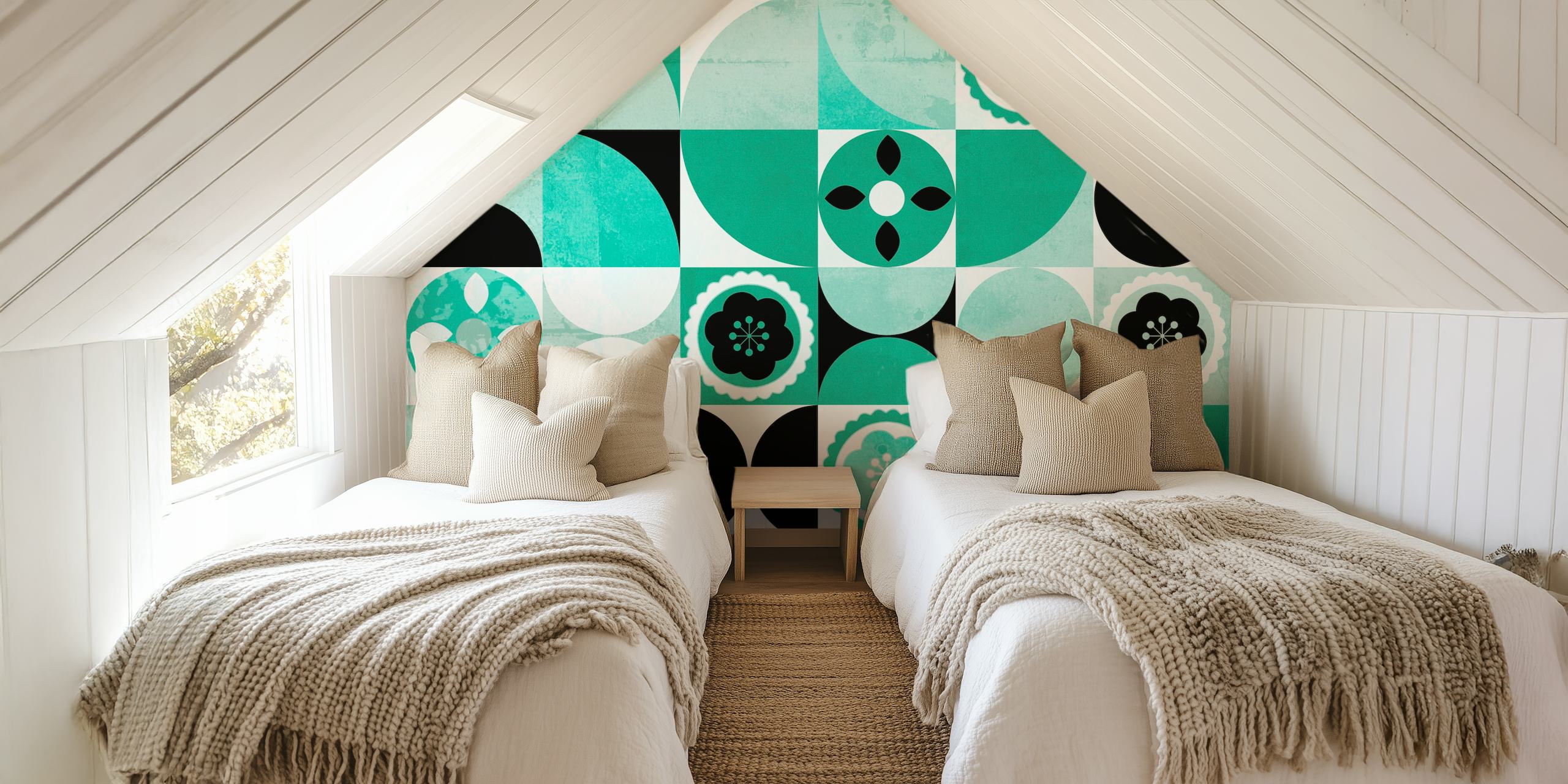 Geometric mint green and black wallpaper with floral motifs