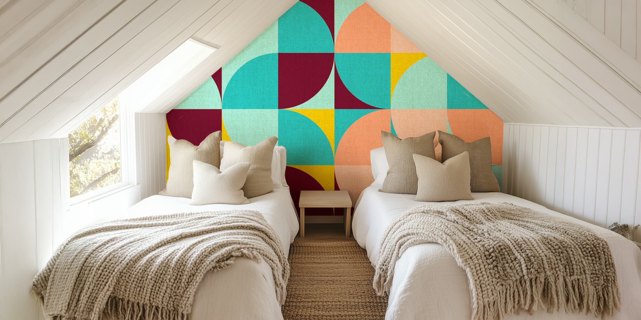 Colorful geometric patterns in pink, teal, yellow, and burgundy wallpaper